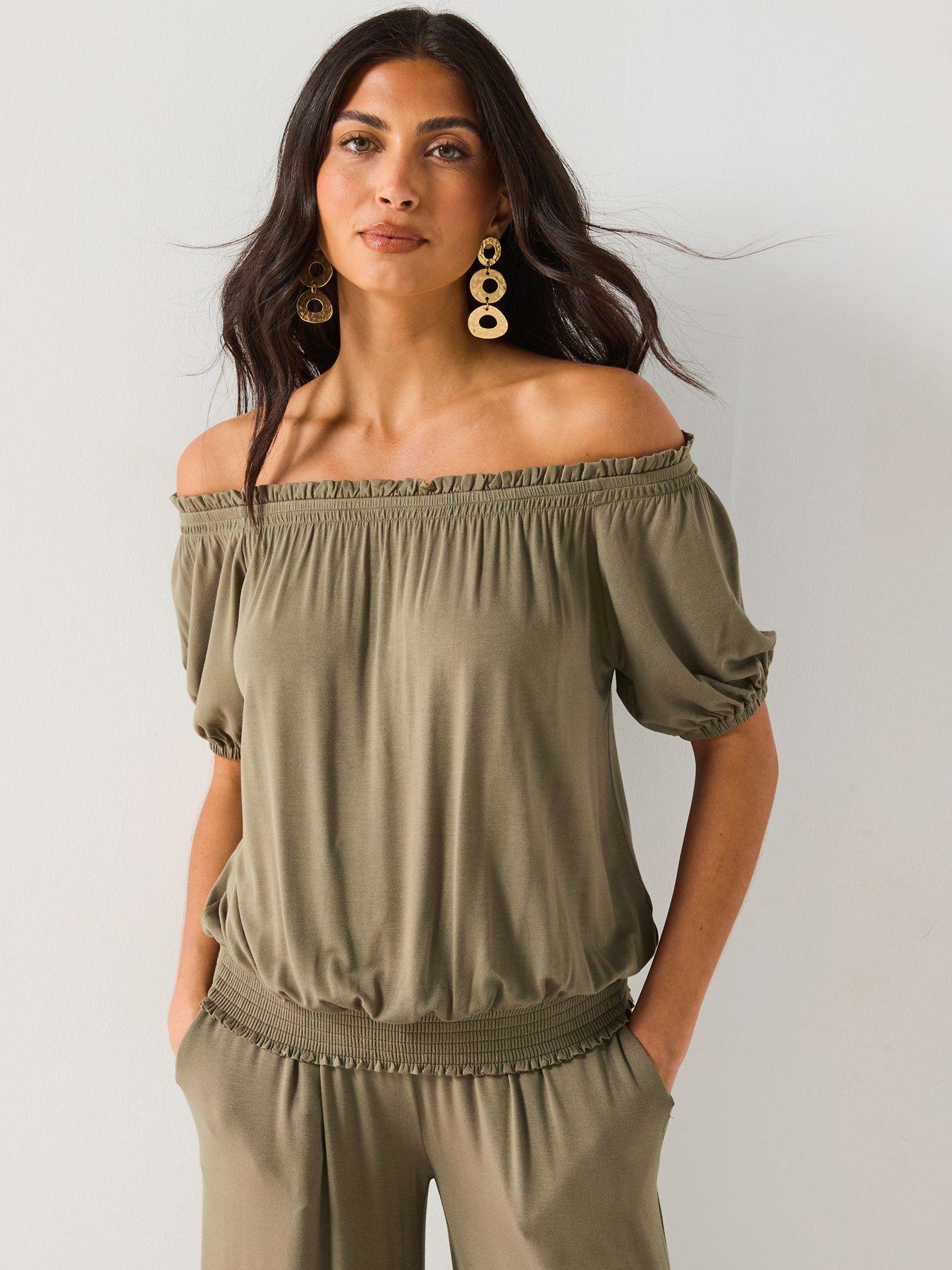 undefined Bardot Shirred Waist Top - Khaki