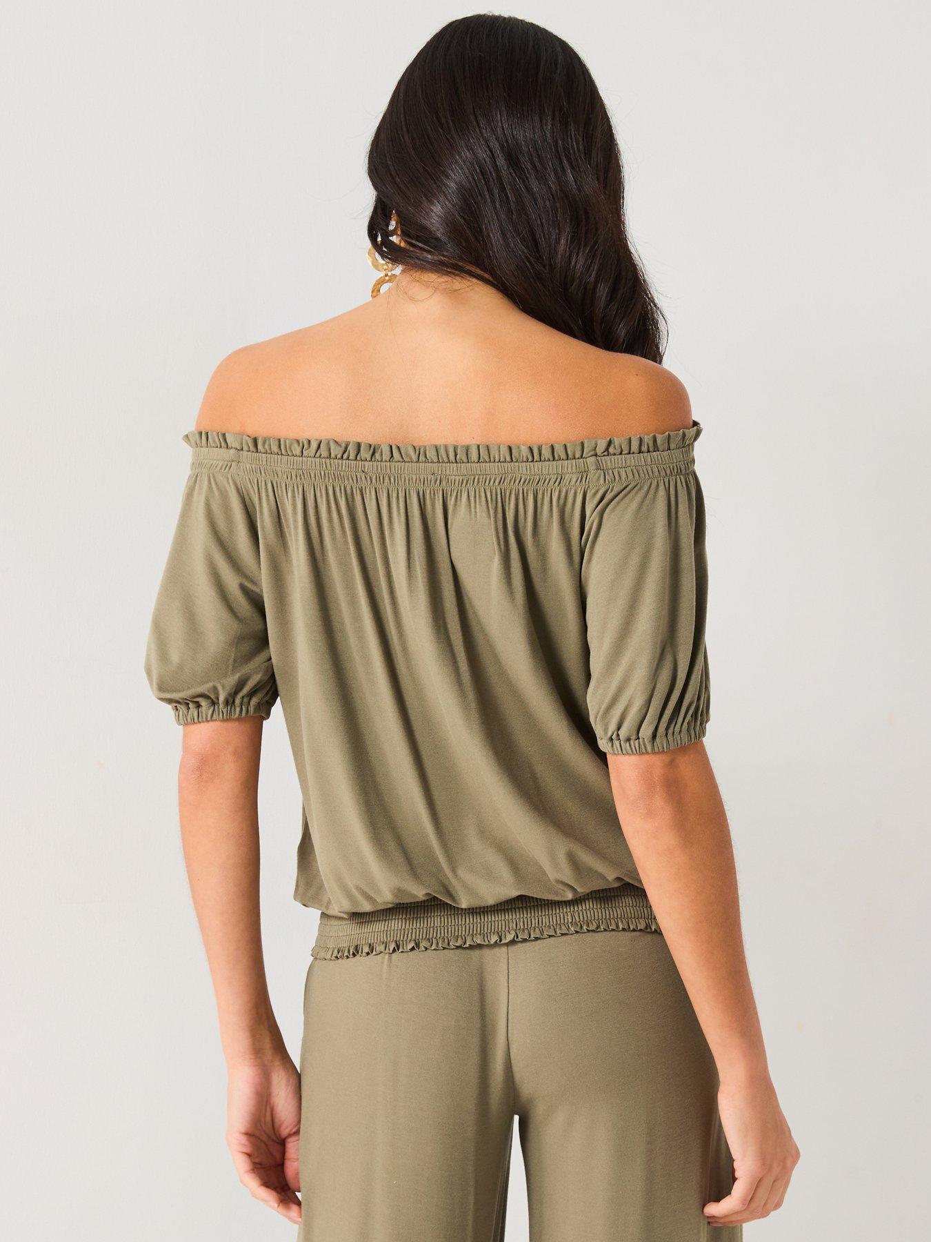  image of everyday-bardot-shirred-waist-top-khaki