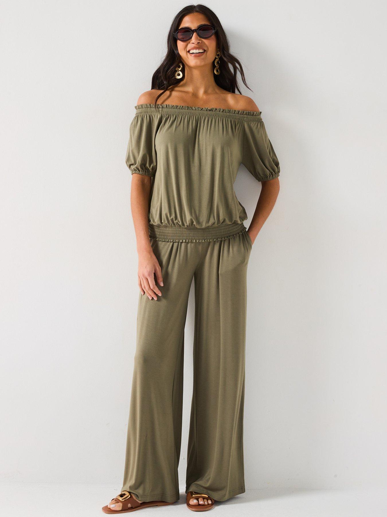  image of everyday-bardot-shirred-waist-top-khaki
