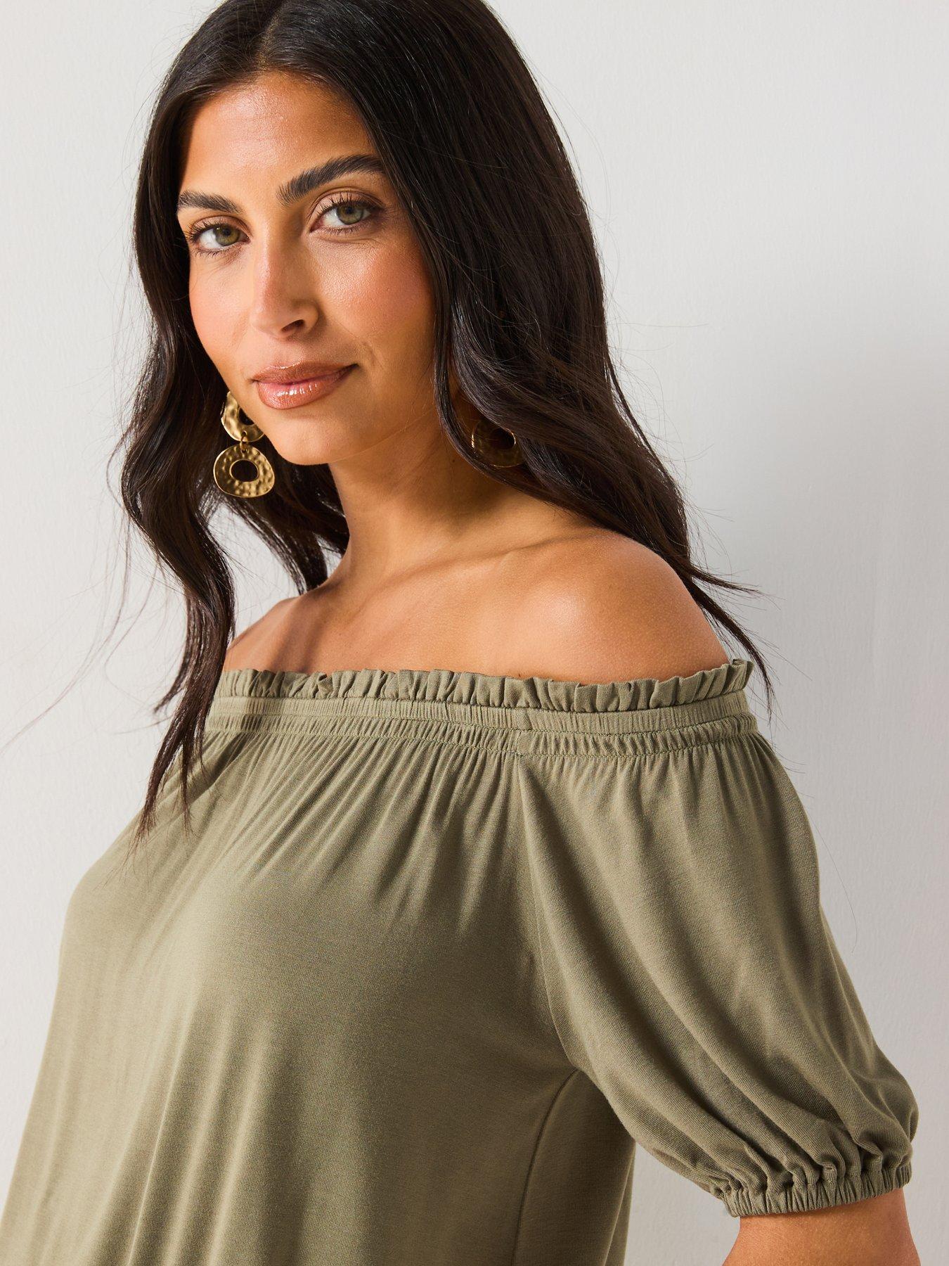  image of everyday-bardot-shirred-waist-top-khaki