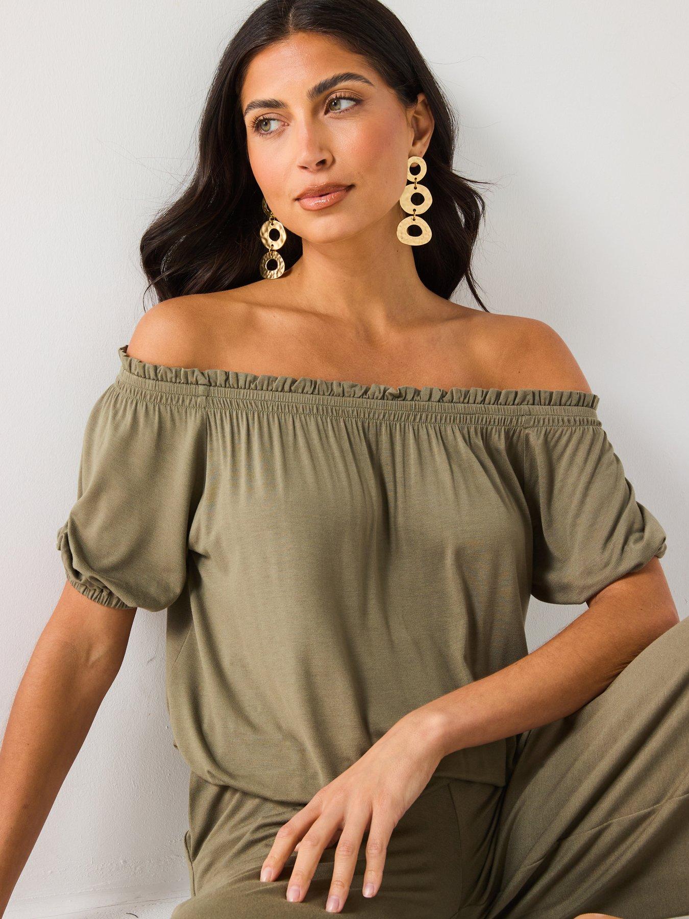  image of everyday-bardot-shirred-waist-top-khaki