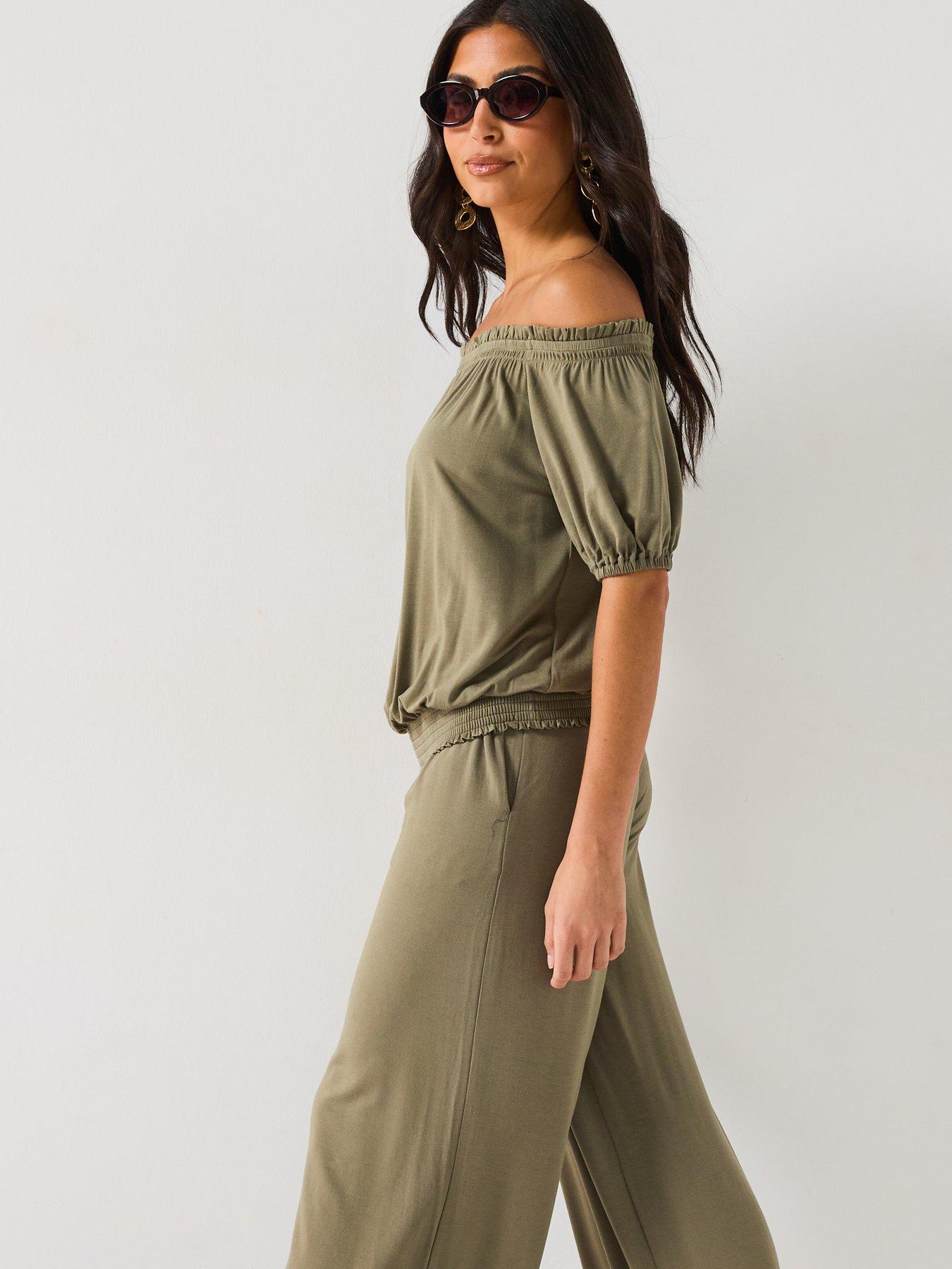  image of everyday-bardot-shirred-waist-top-khaki
