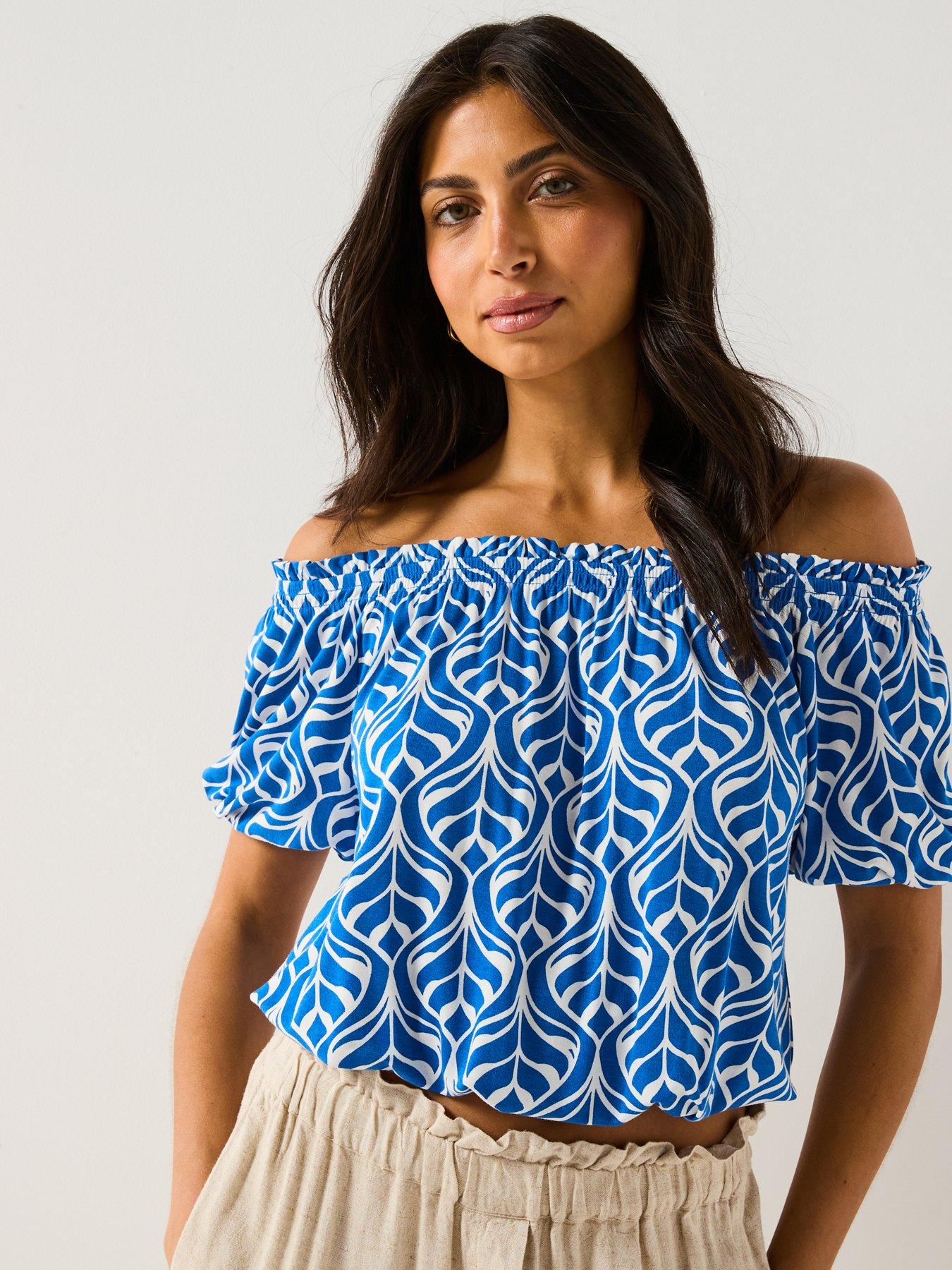 everyday-bardot-shirred-waist-top-blue-leaf