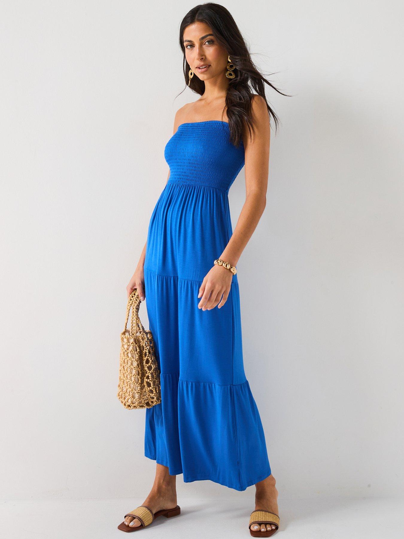 undefined Shirred Bandeau Tiered Maxi Dress - Blue