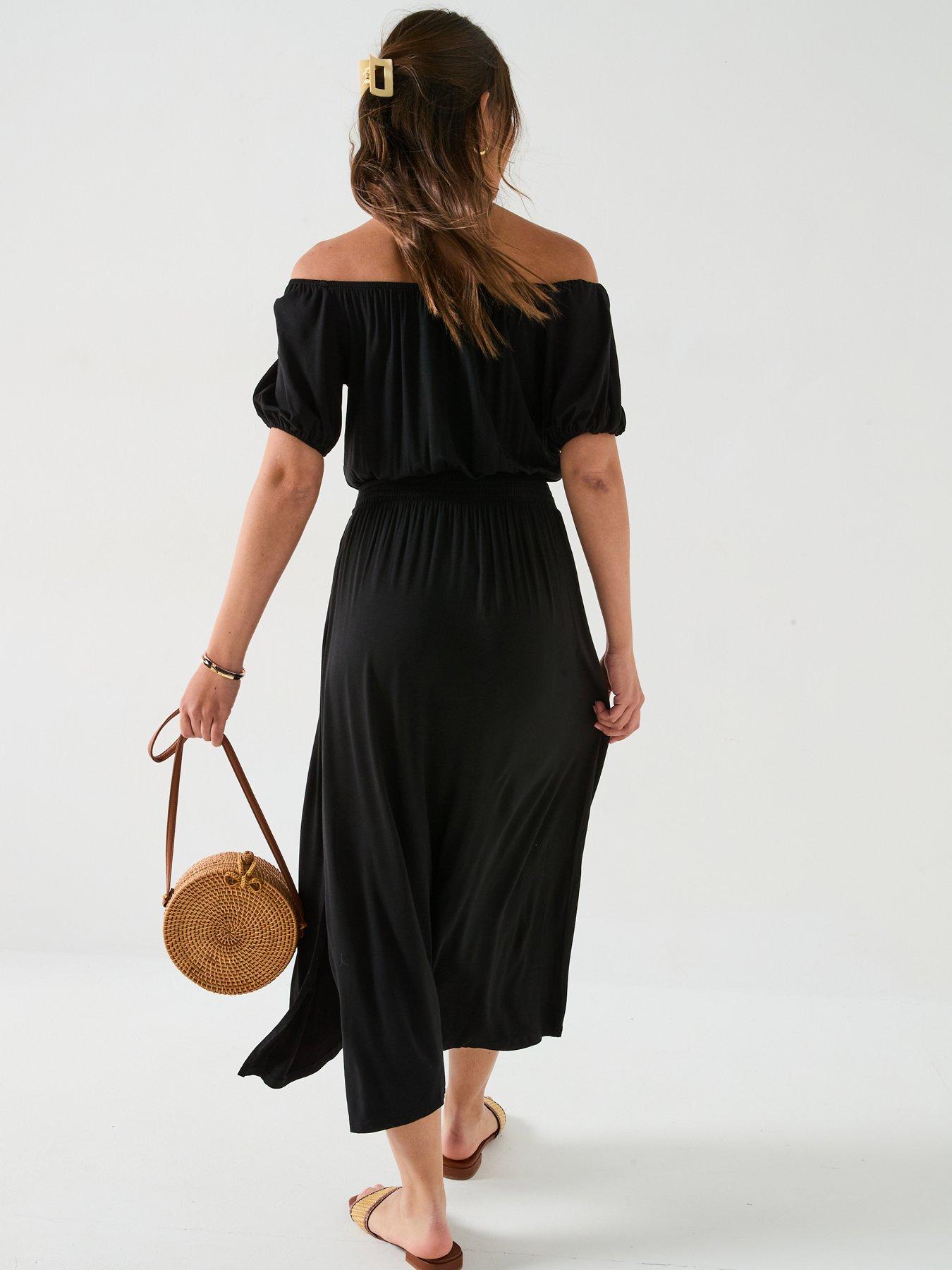  image of everyday-bardot-tiered-midaxi-dress-black