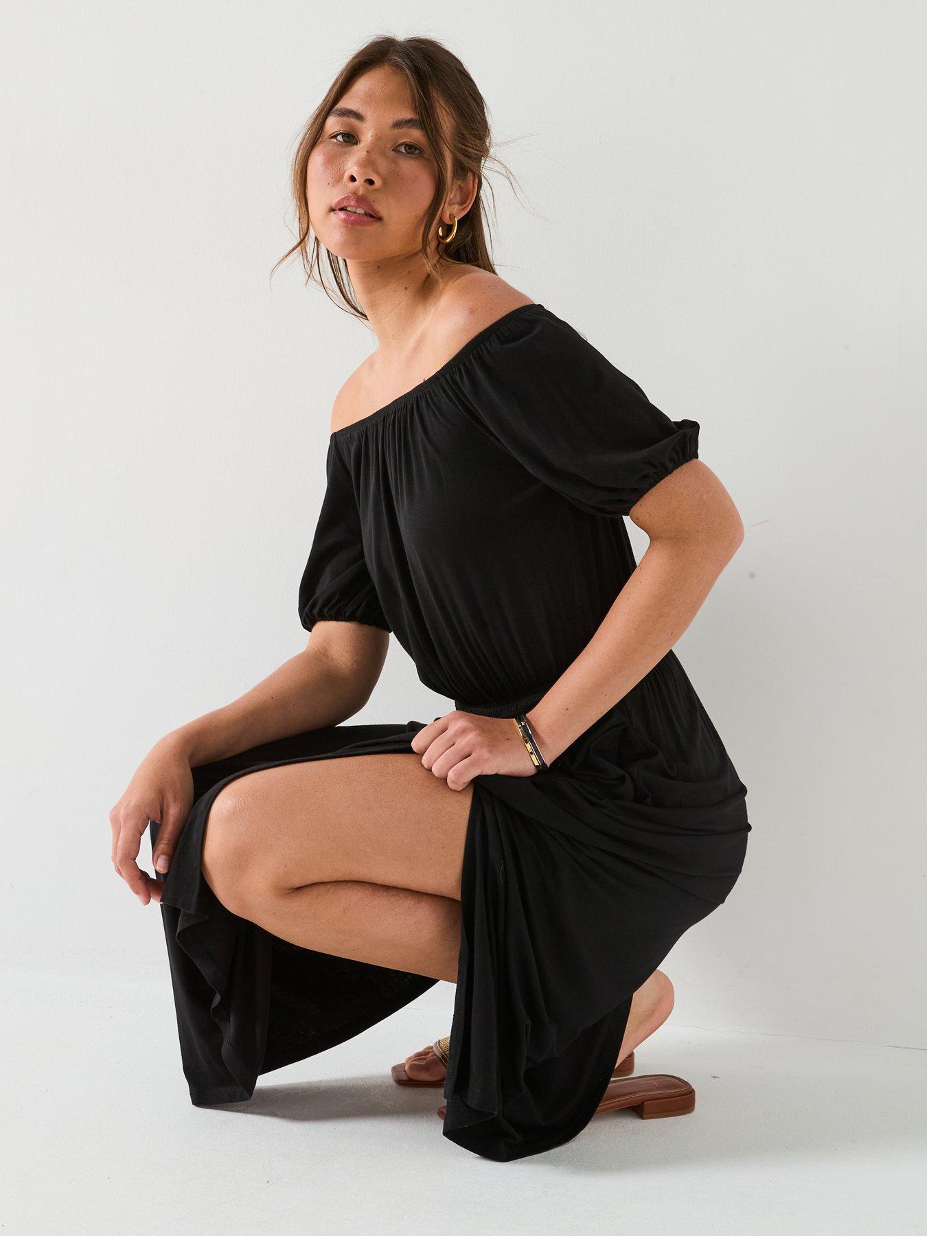  image of everyday-bardot-tiered-midaxi-dress-black