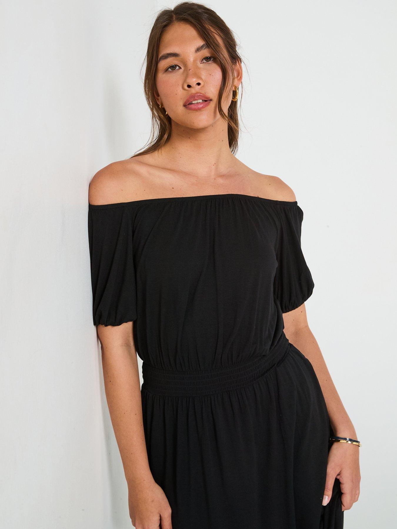  image of everyday-bardot-tiered-midaxi-dress-black