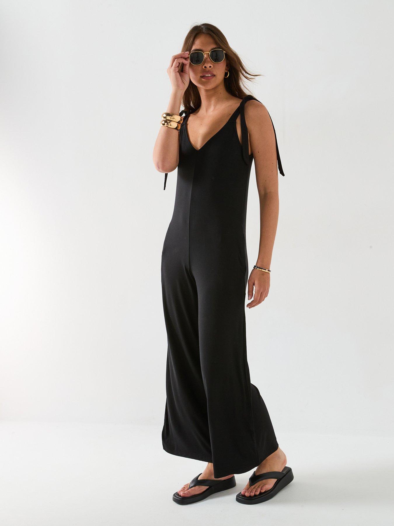 front image of everyday-tie-shoulder-jumpsuit-black