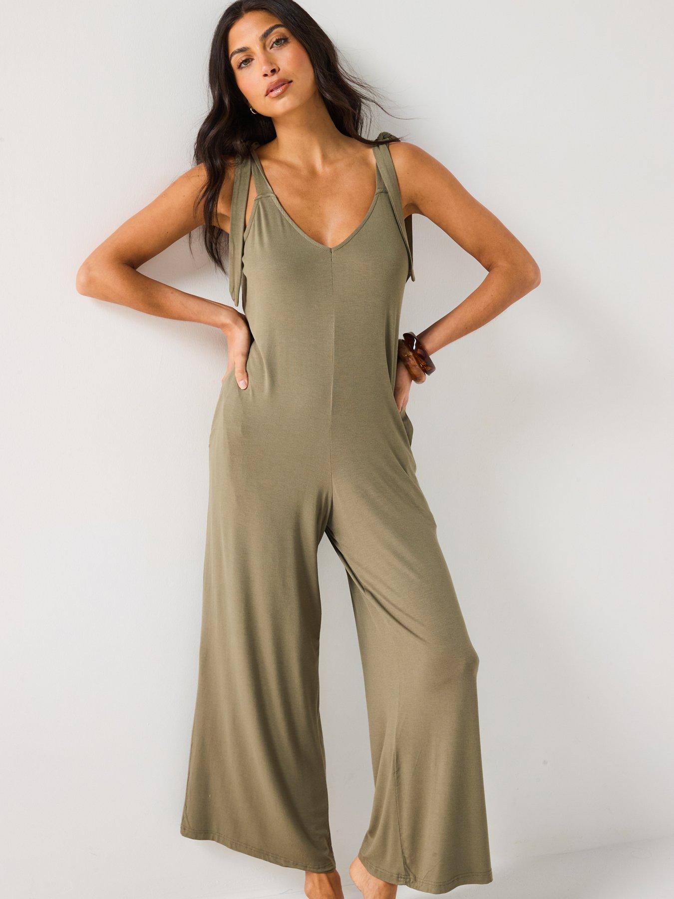 Image 6 of 6 of Everyday Tie Shoulder Jumpsuit - Khaki