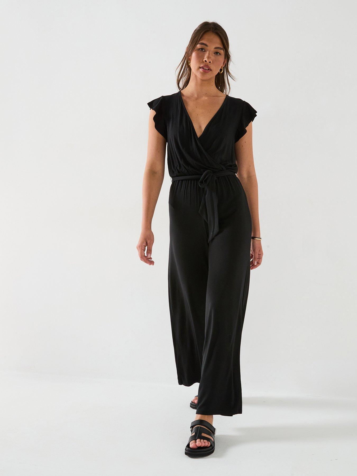 front image of everyday-wrap-wide-leg-jumpsuit-black