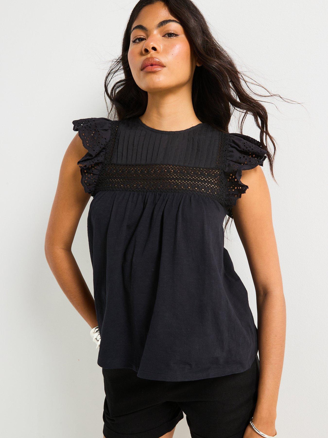 undefined Broderie Frill Sleeve Top - Black