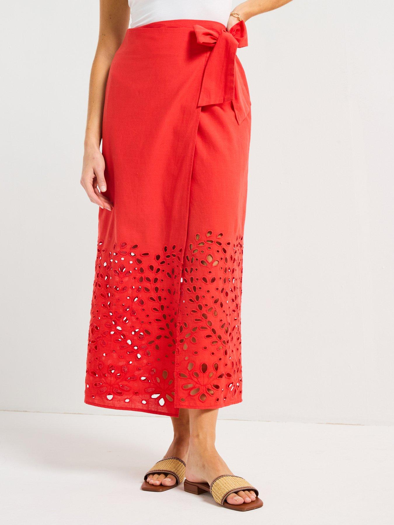 V by Very Broderie Tie Side Midi Skirt - Red