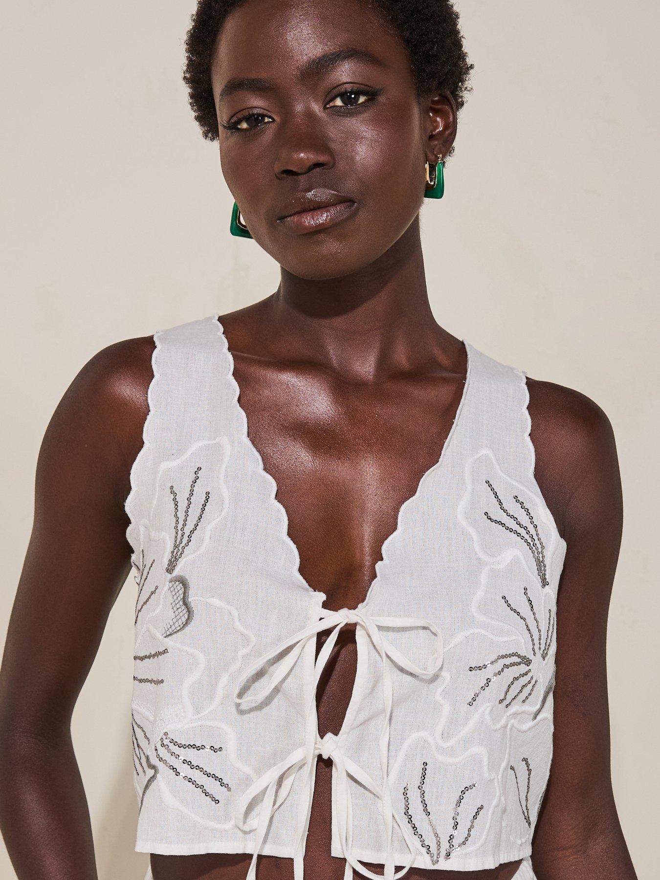  image of v-by-very-embroidered-tie-front-co-ord-white