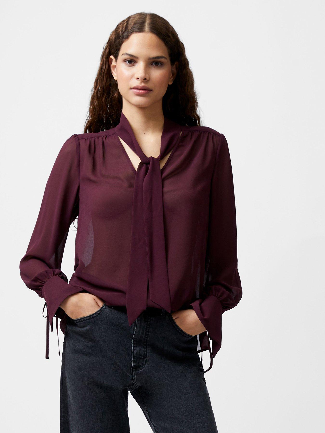 french-connection-tie-v-neck-long-sleeve-flared-blouse-red