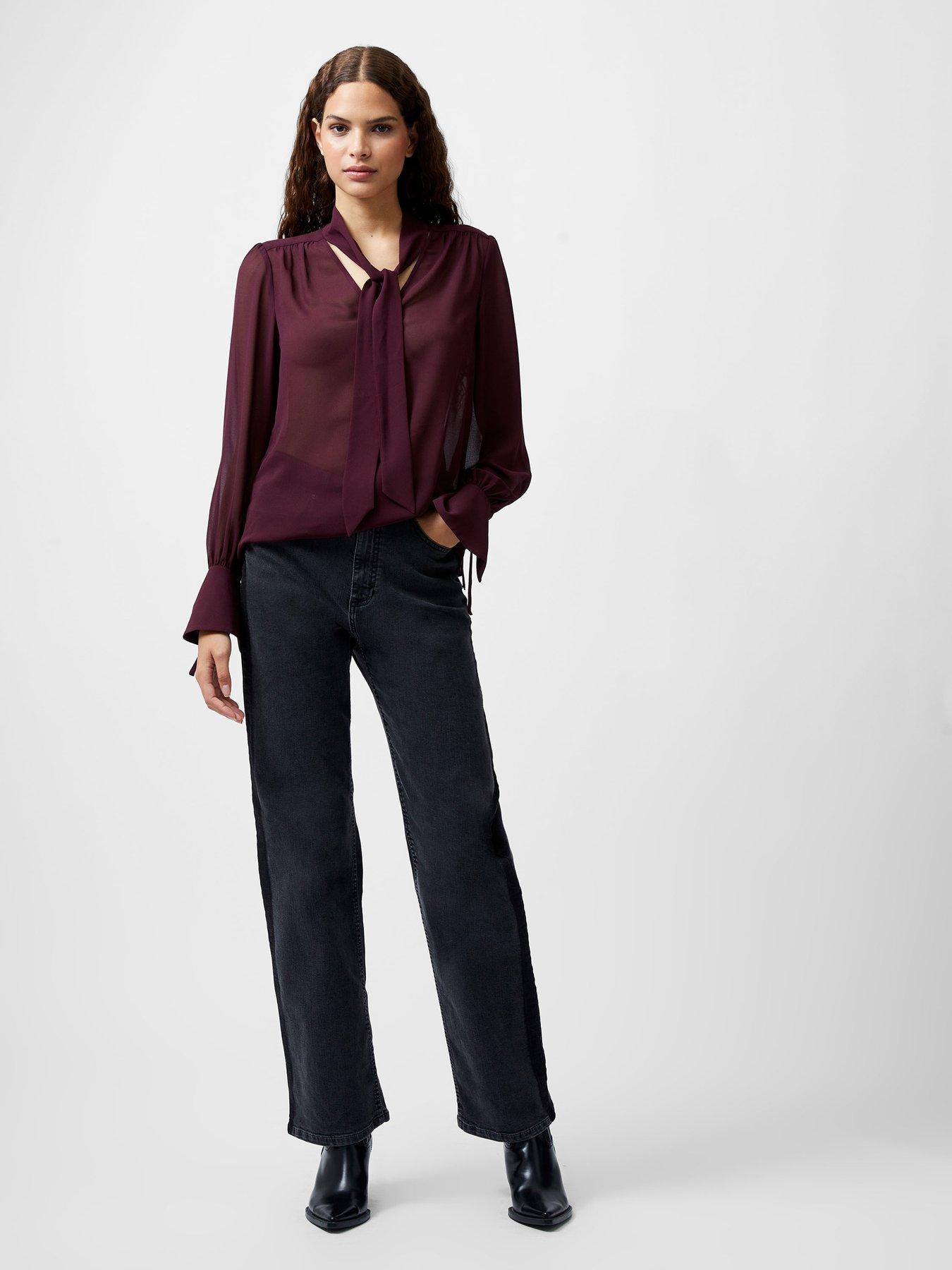  image of french-connection-tie-v-neck-long-sleeve-flared-blouse-red