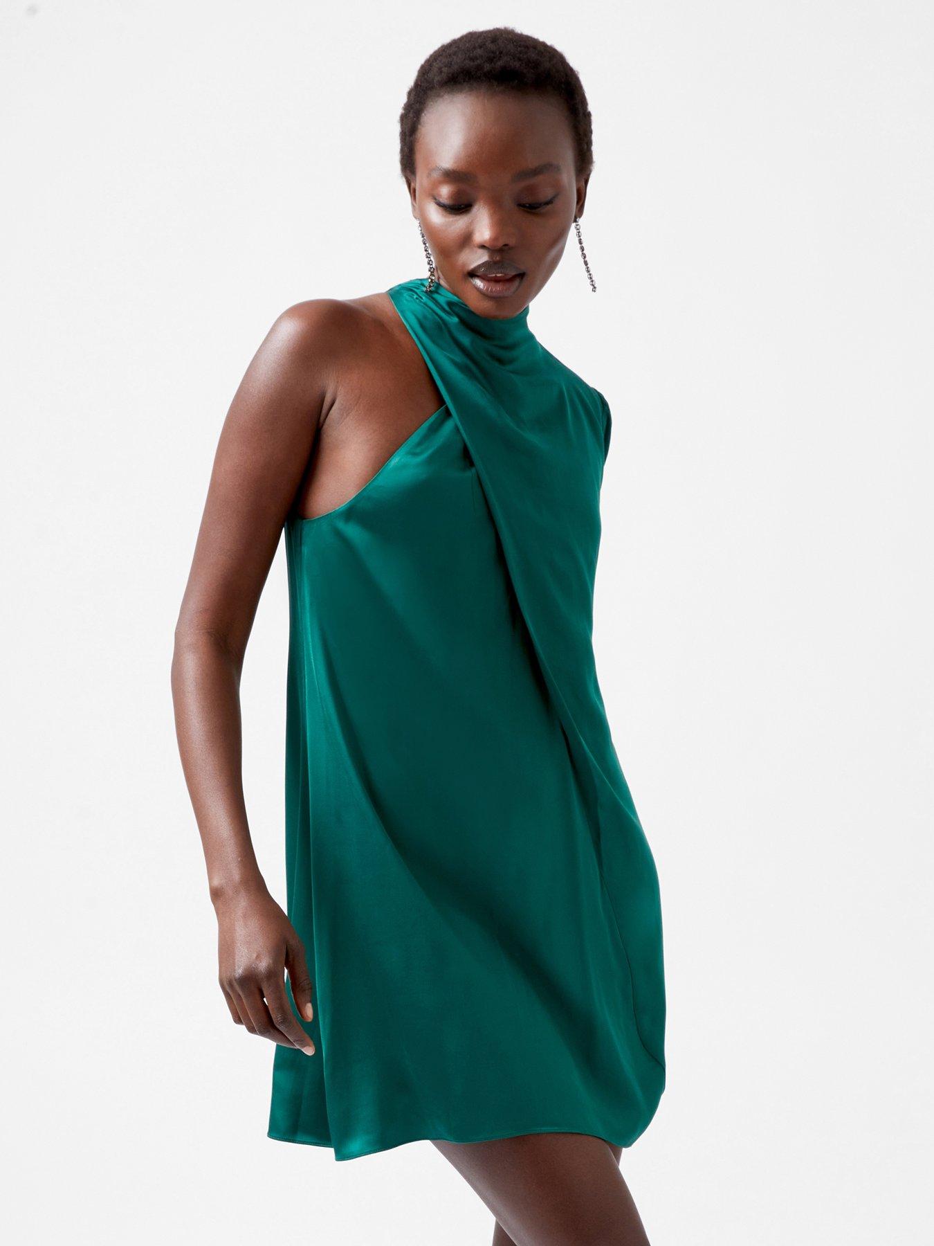 undefined Satin Asymmetric Long Sleeve Mini Dress - Green