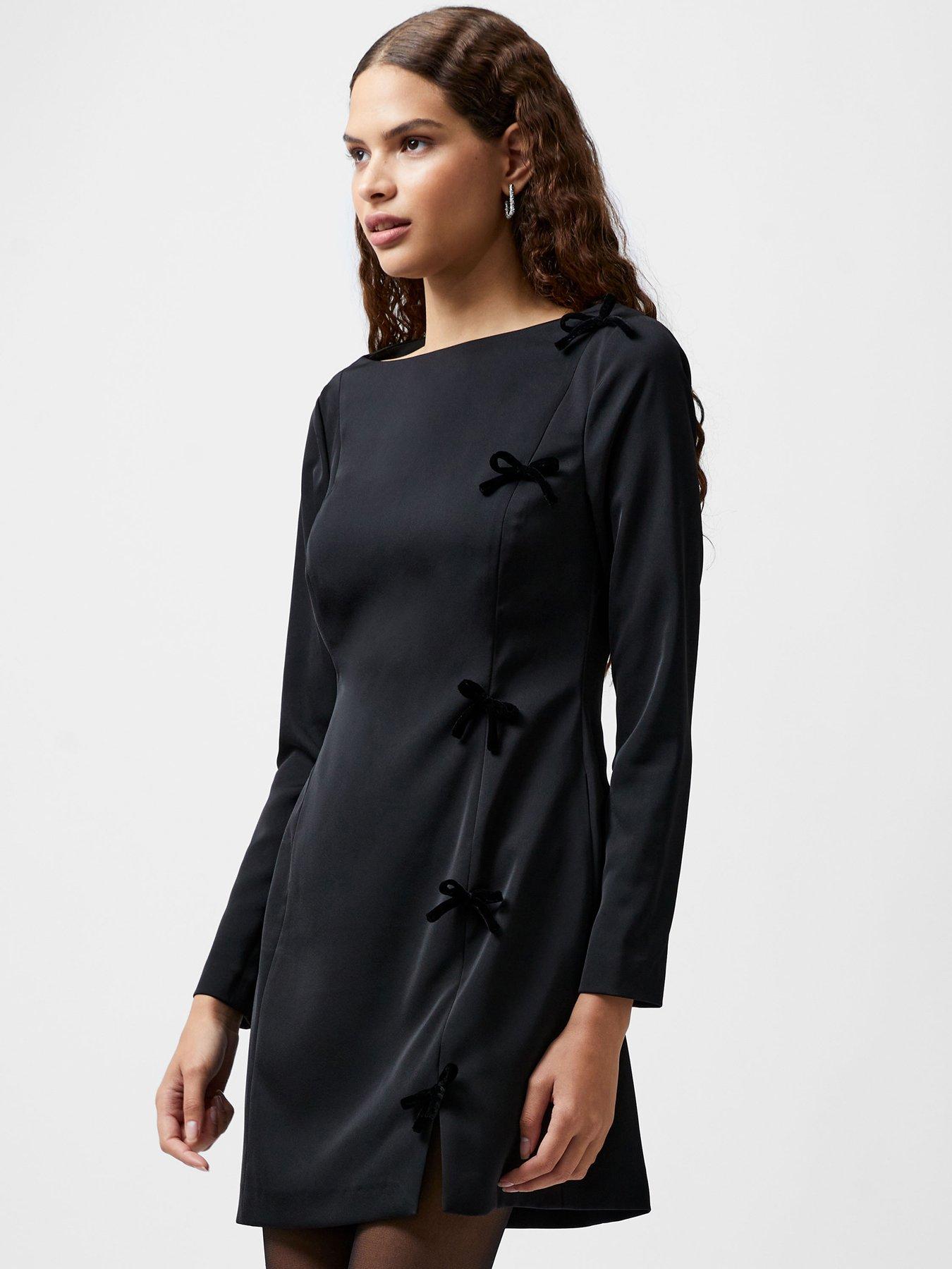 undefined Satin Bow Long Sleeve Mini Dress - Black