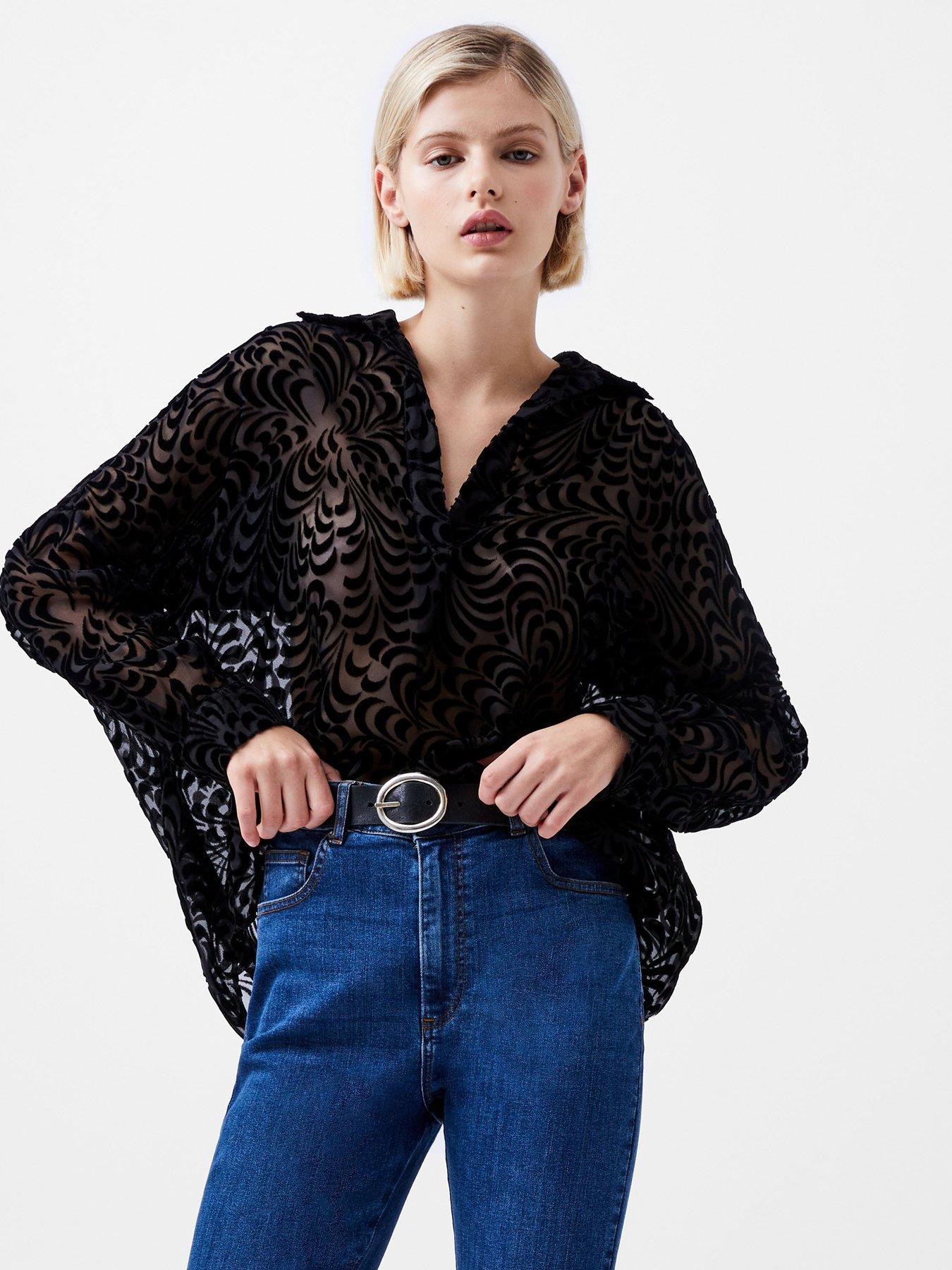  image of french-connection-long-sleeve-v-neck-patterned-shirt-black