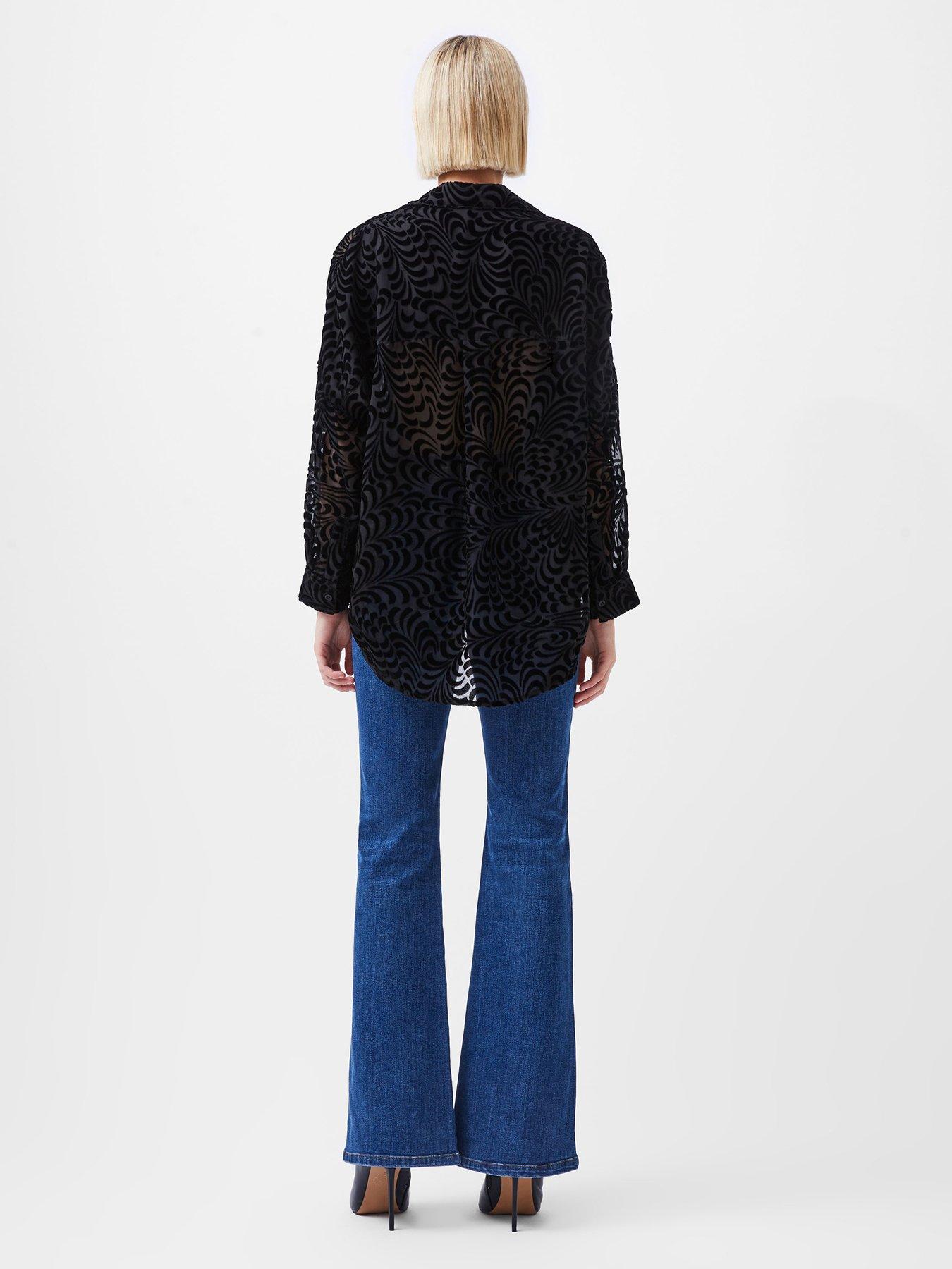  image of french-connection-long-sleeve-v-neck-patterned-shirt-black