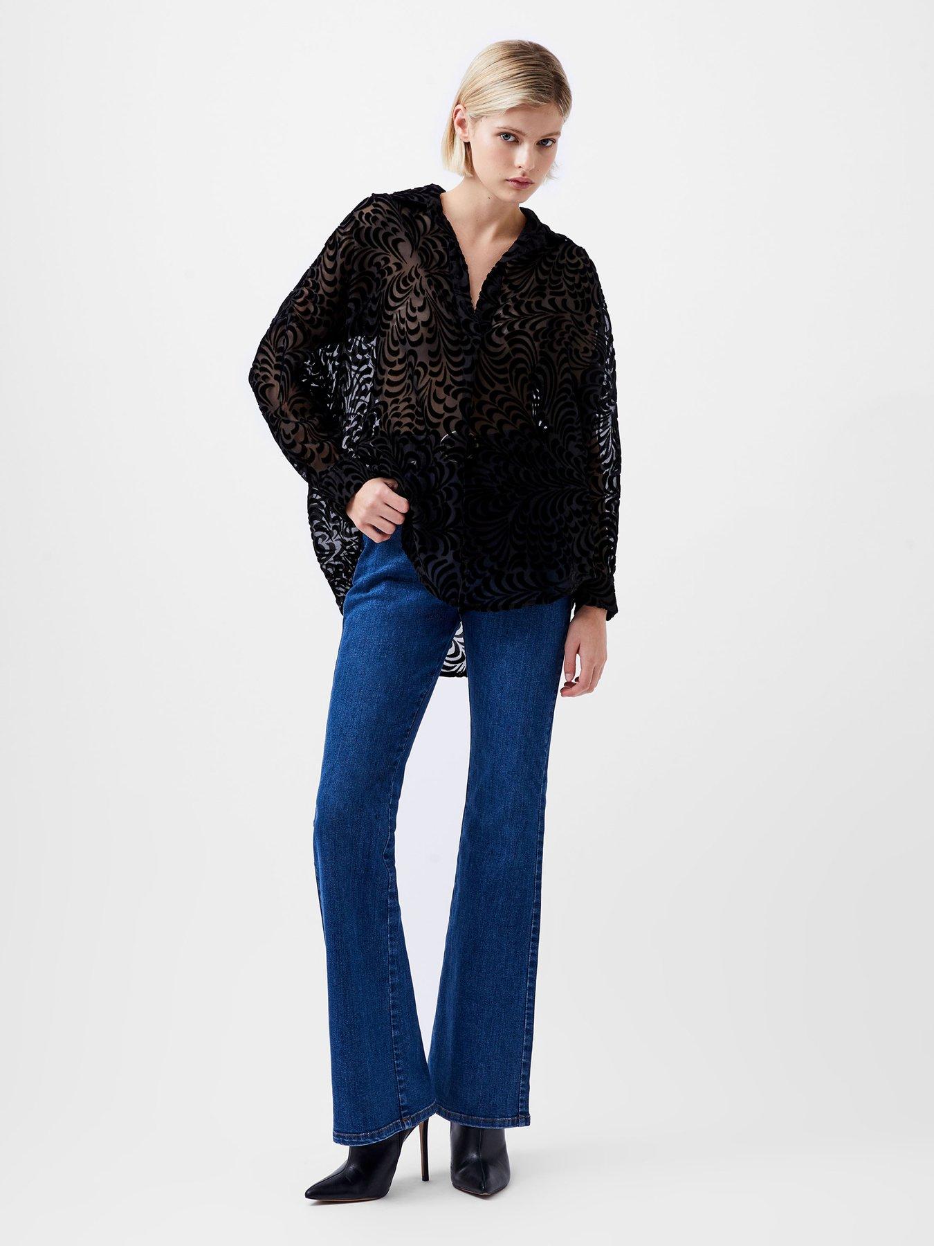  image of french-connection-long-sleeve-v-neck-patterned-shirt-black