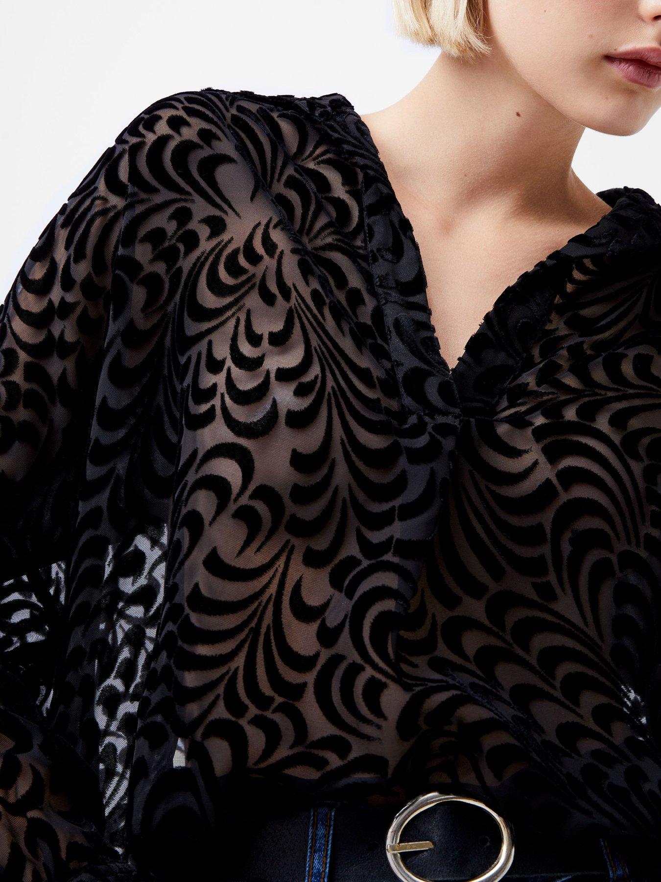  image of french-connection-long-sleeve-v-neck-patterned-shirt-black