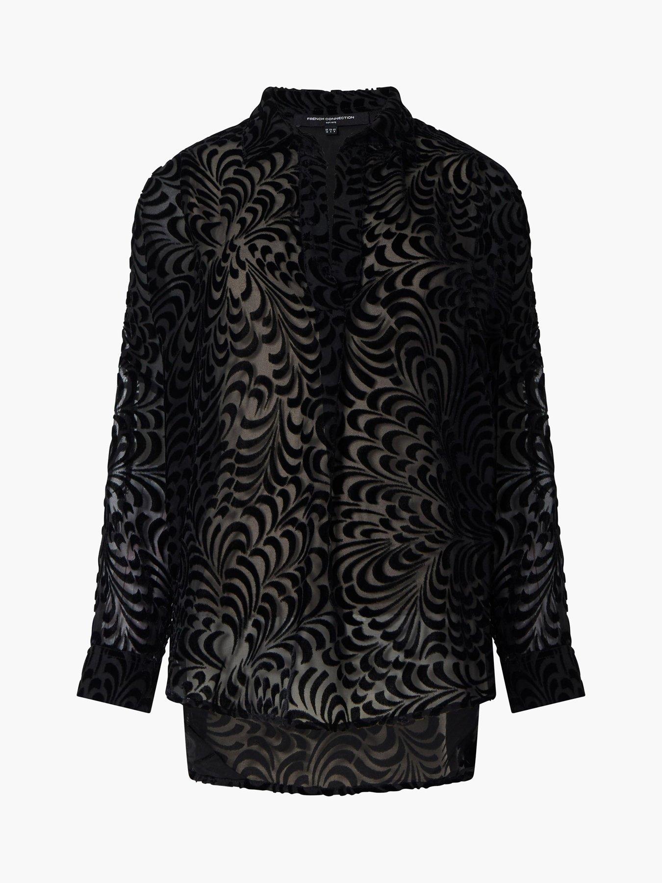  image of french-connection-long-sleeve-v-neck-patterned-shirt-black