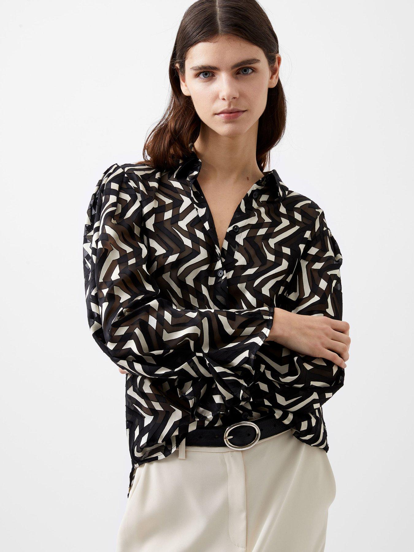 undefined Long Sleeve Satin Top With Collar - Black
