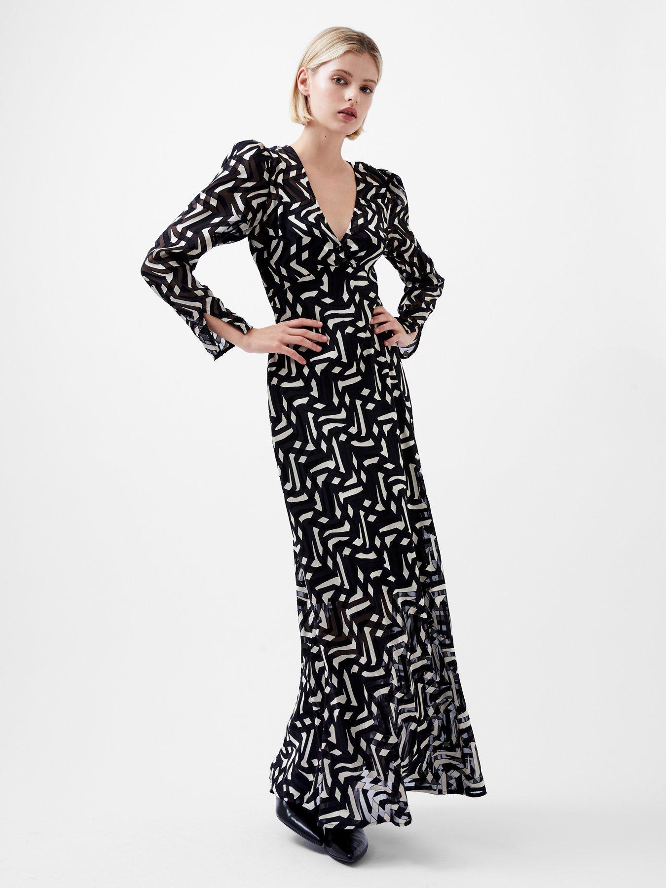 undefined Long Sleeve Patterned Satin Maxi Dress - Black