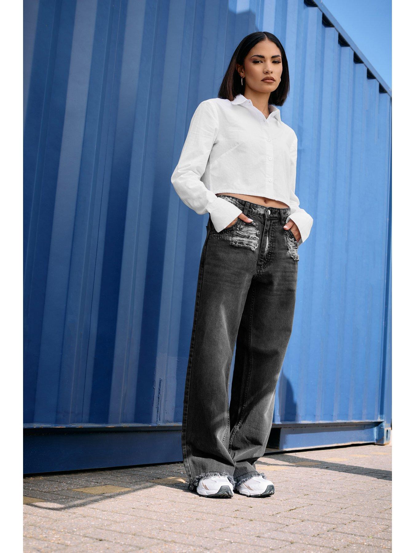undefined Petite Distressed Waistband Hem Jean - Black