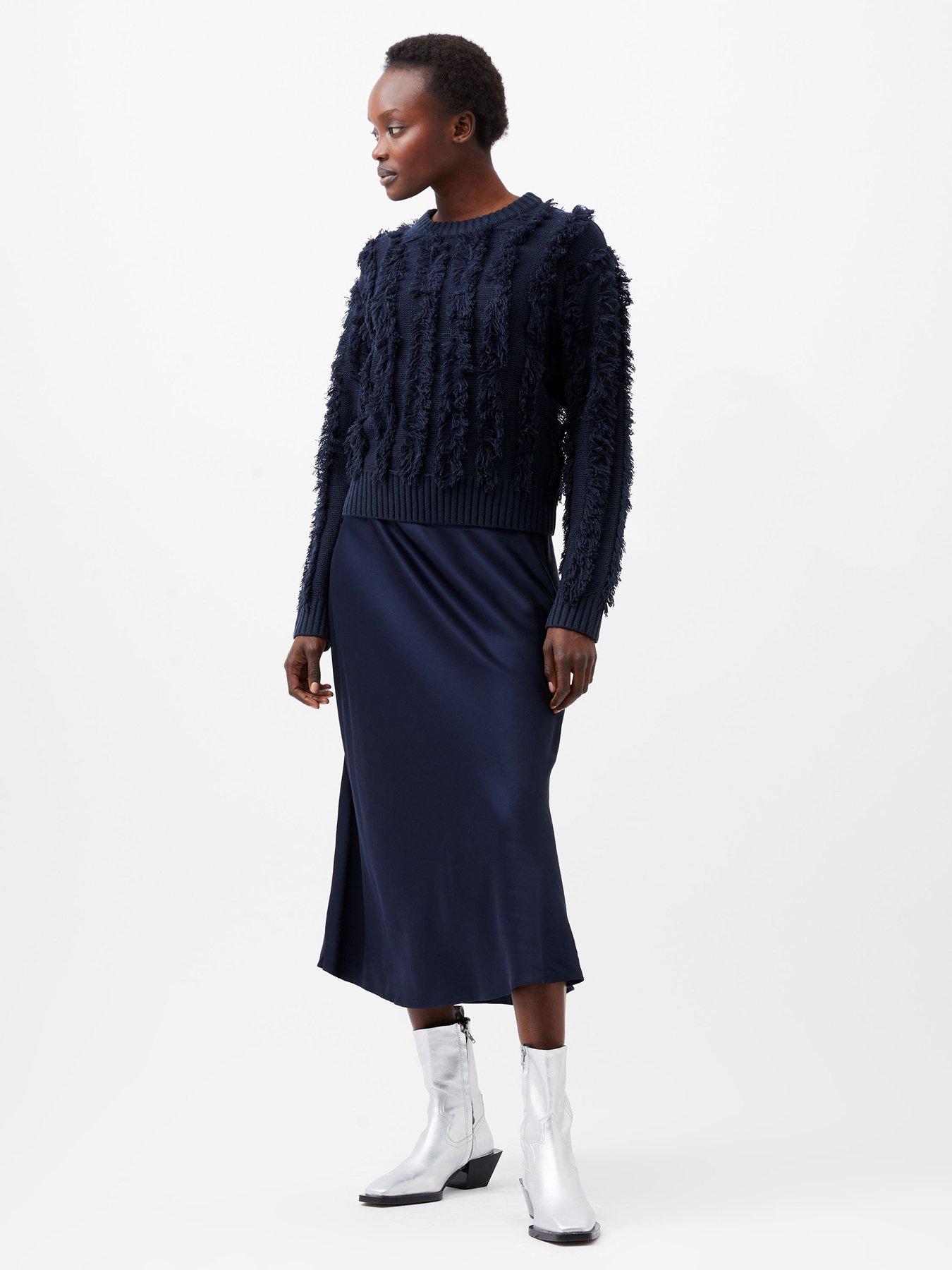  image of french-connection-long-sleeve-crew-neck-knit-jumper-with-fringed-stripes-blue