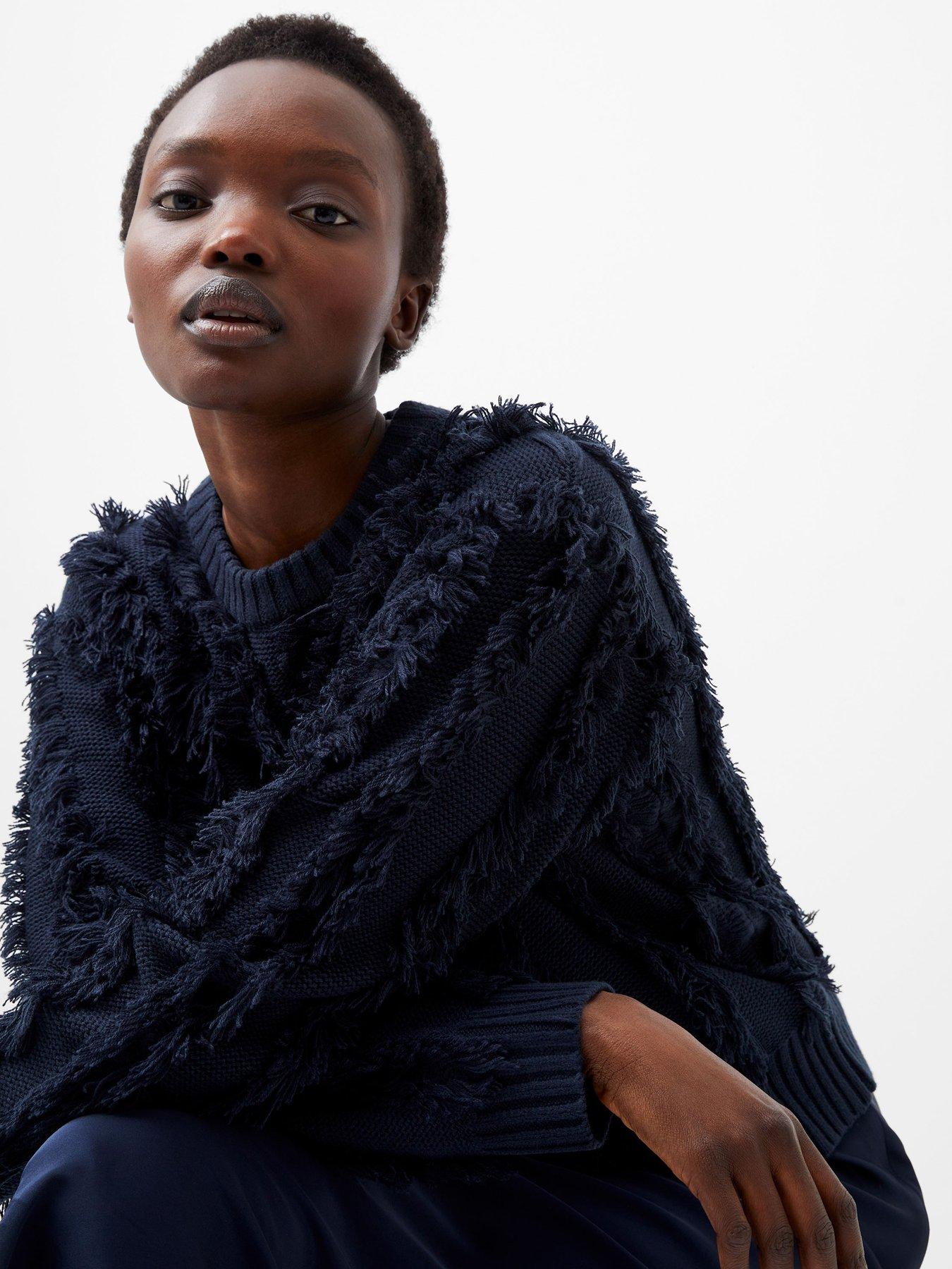  image of french-connection-long-sleeve-crew-neck-knit-jumper-with-fringed-stripes-blue