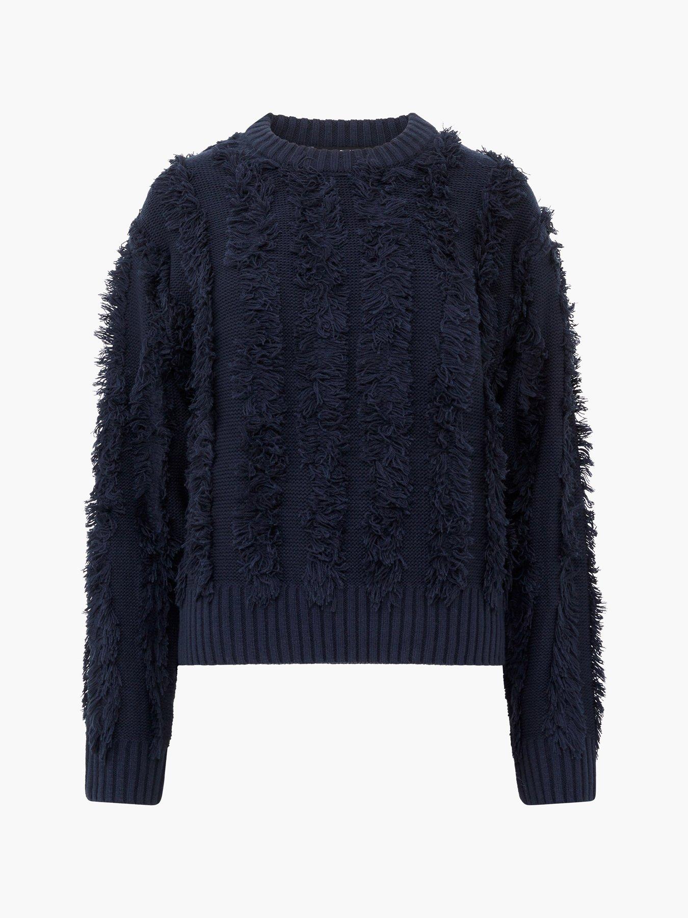 image of french-connection-long-sleeve-crew-neck-knit-jumper-with-fringed-stripes-blue