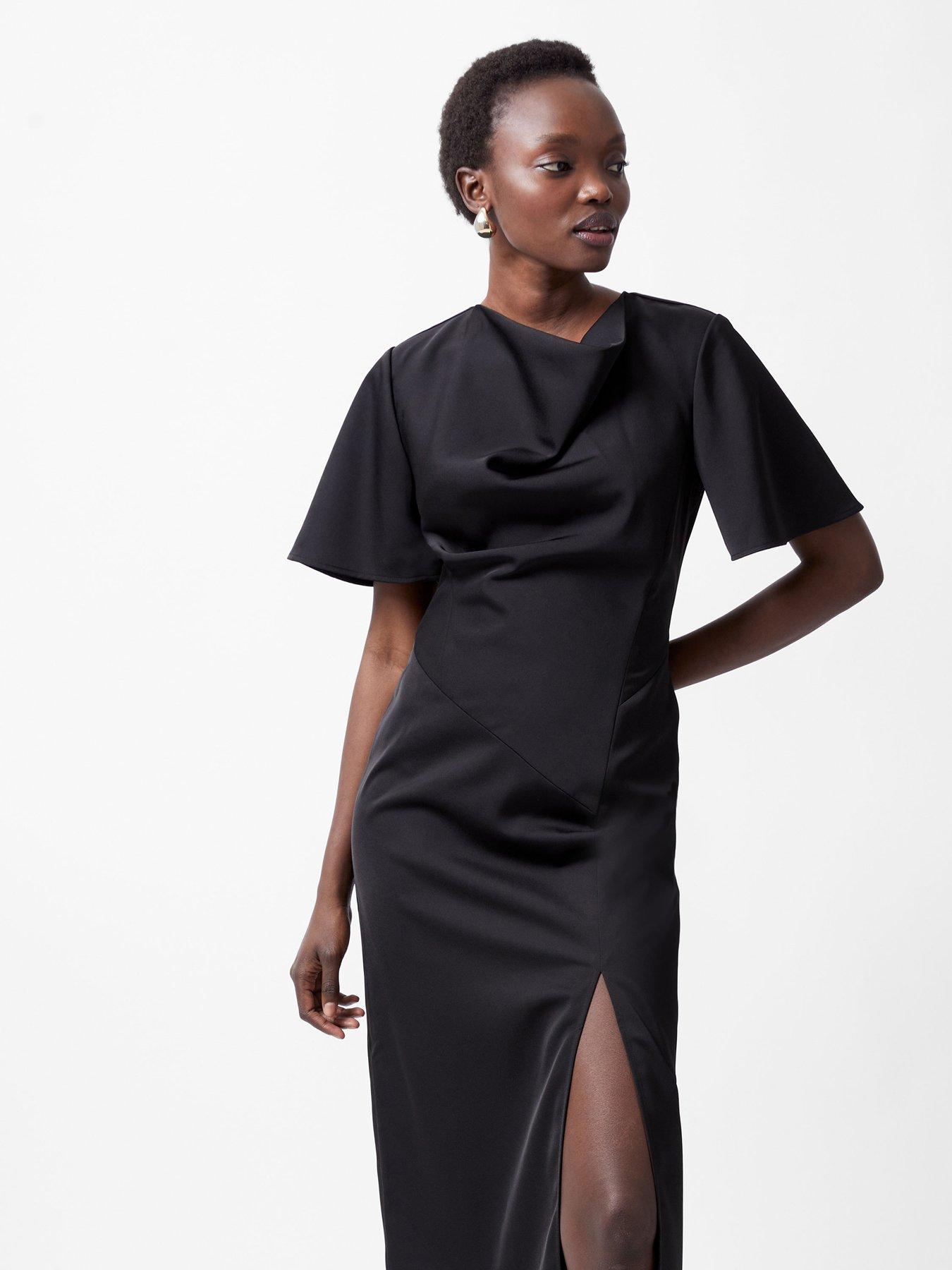 undefined Asymmetric Satin Dress With Flared Sleeves - Black