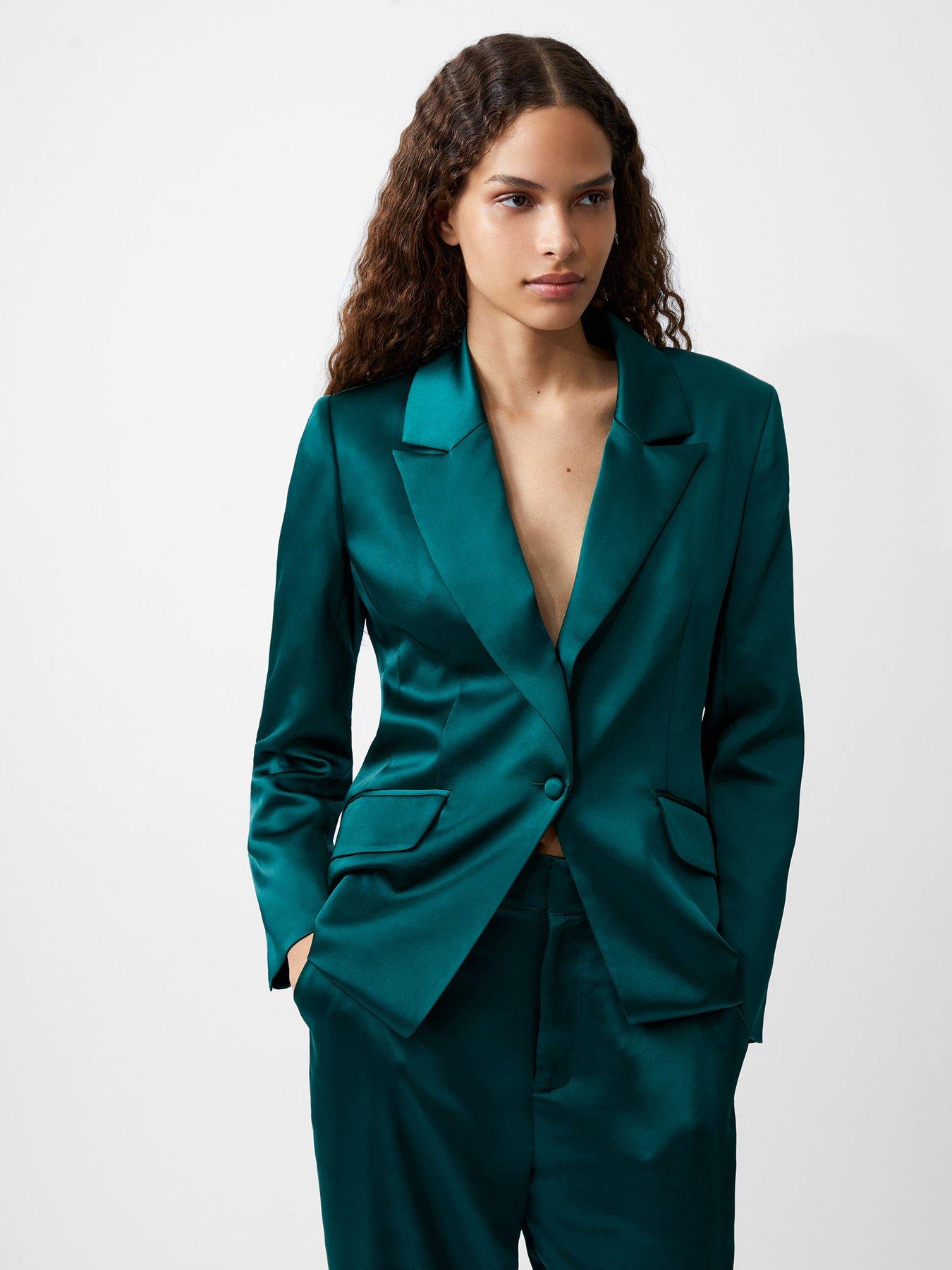 undefined Single Breasted Satin Blazer With Padded shoulders - Green