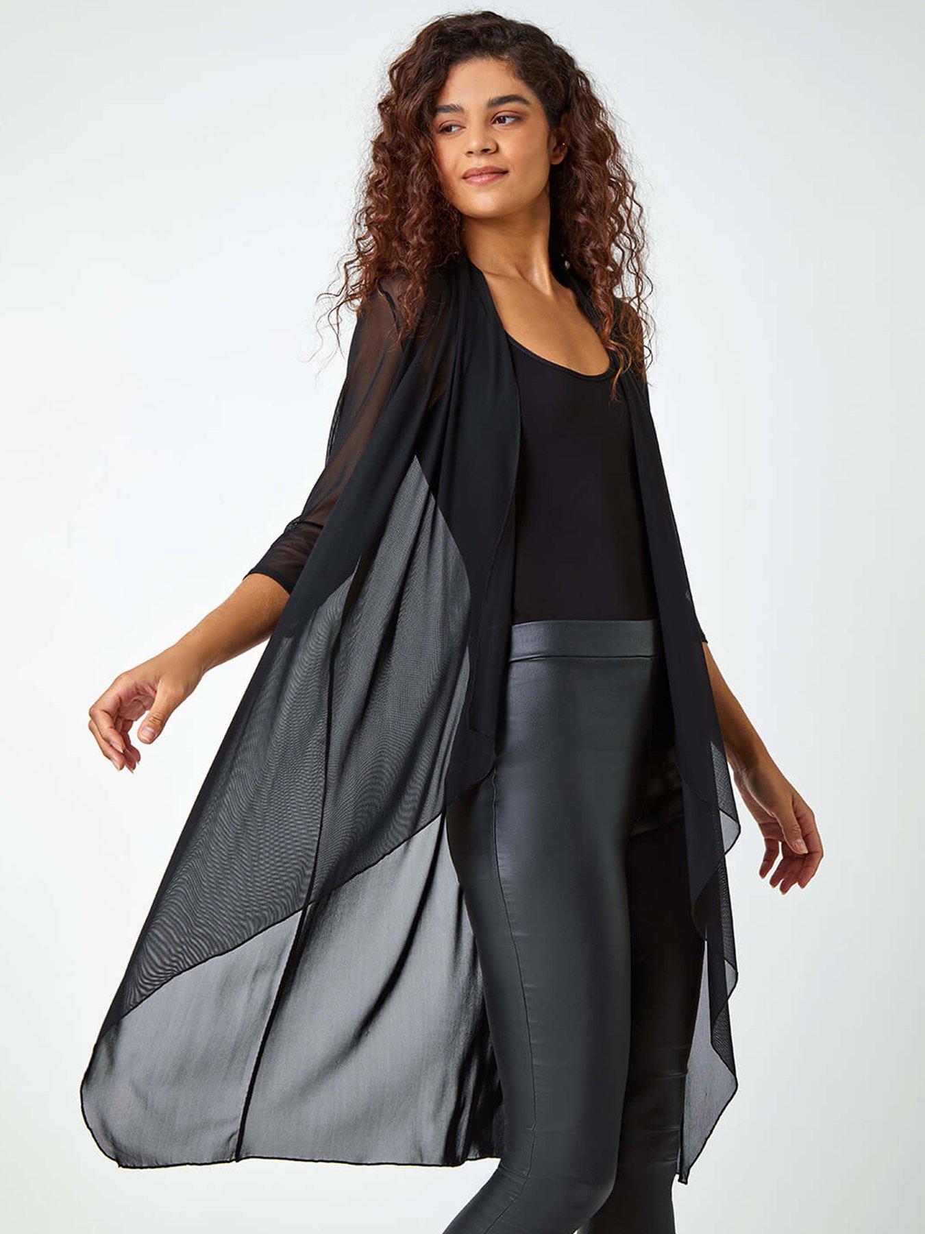 undefined 3/4 Sleeve Mesh Longline Kimono - Black