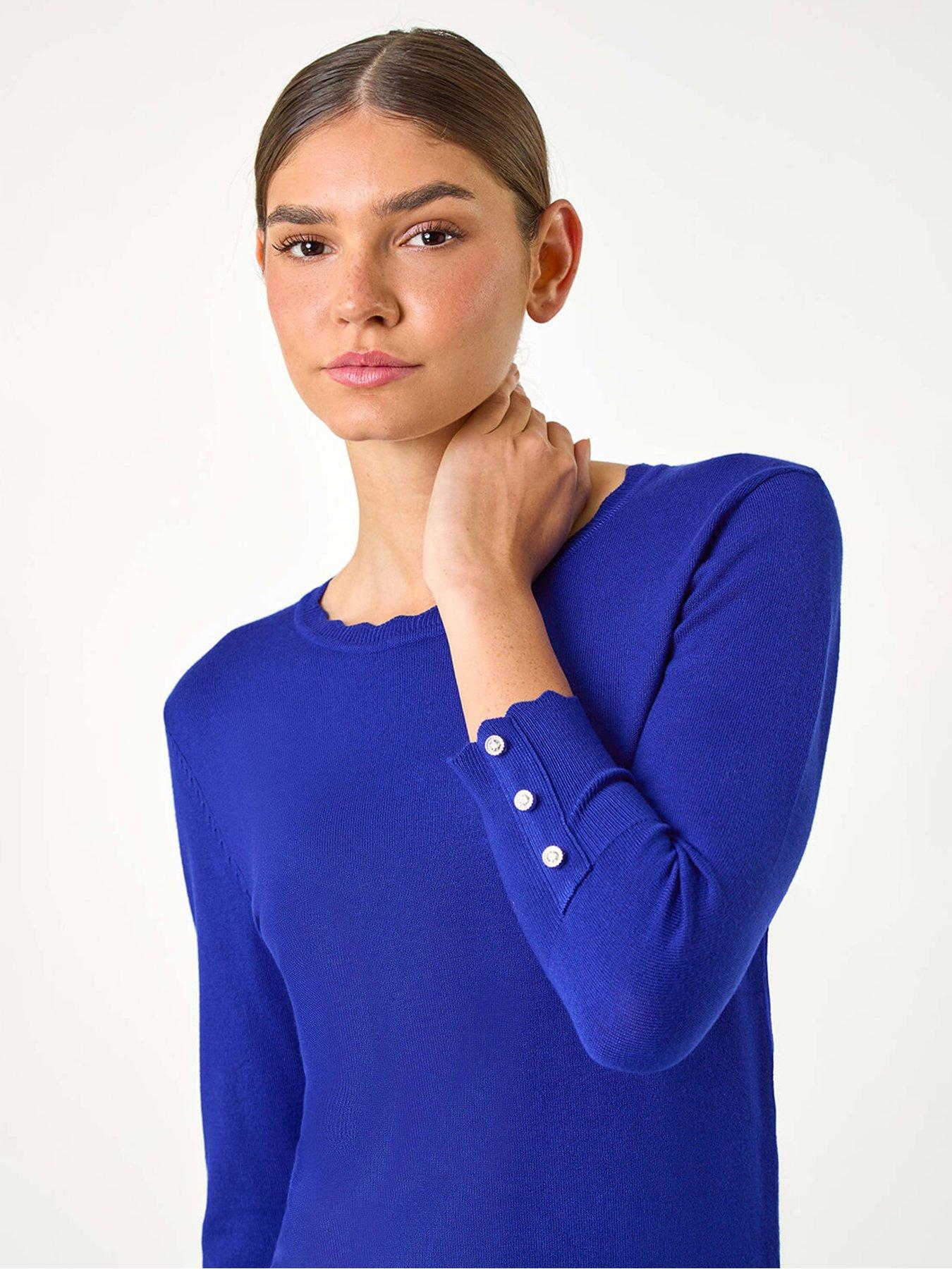 Image 4 of 5 of Roman Diamante Button Scallop Edge Jumper - Royal Blue