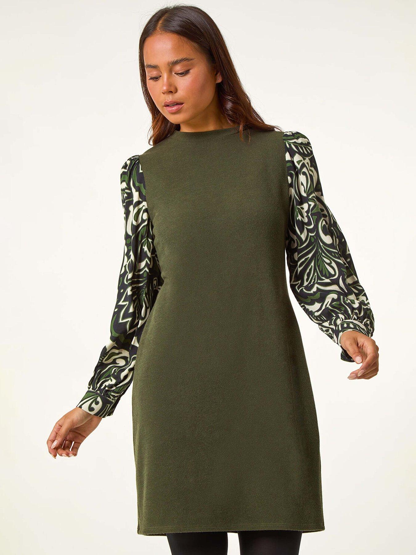 roman-petite-2-in-1-contrast-print-shift-dress-khaki