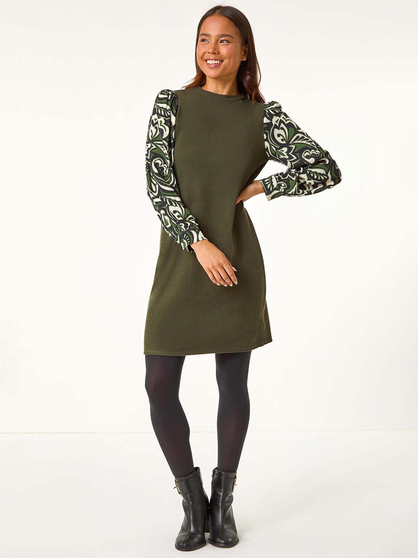 Image 3 of 4 of Roman Petite 2 In 1 Contrast Print Shift Dress - Khaki