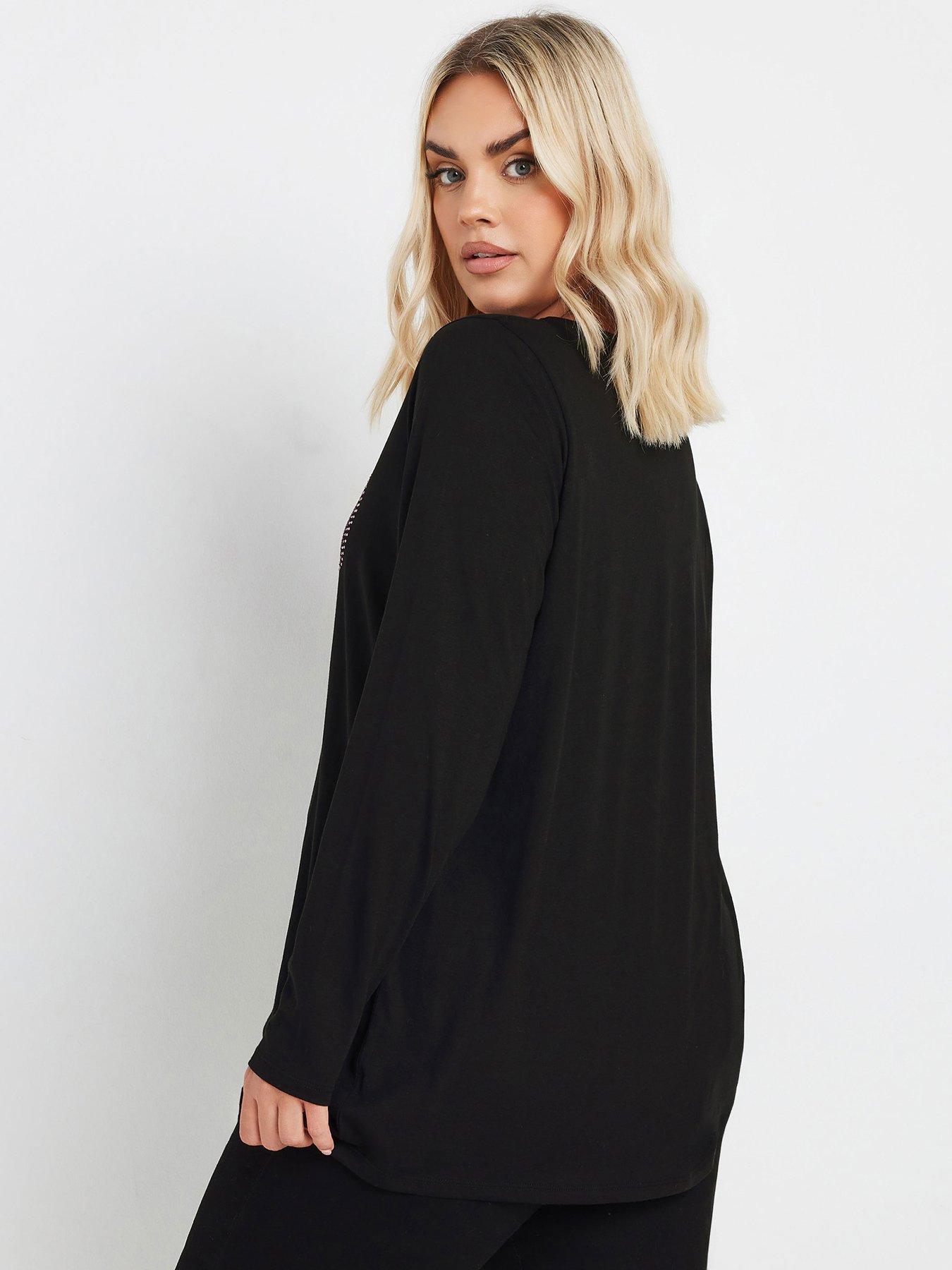  image of yours-curve-diamante-bow-long-sleeve-top-black
