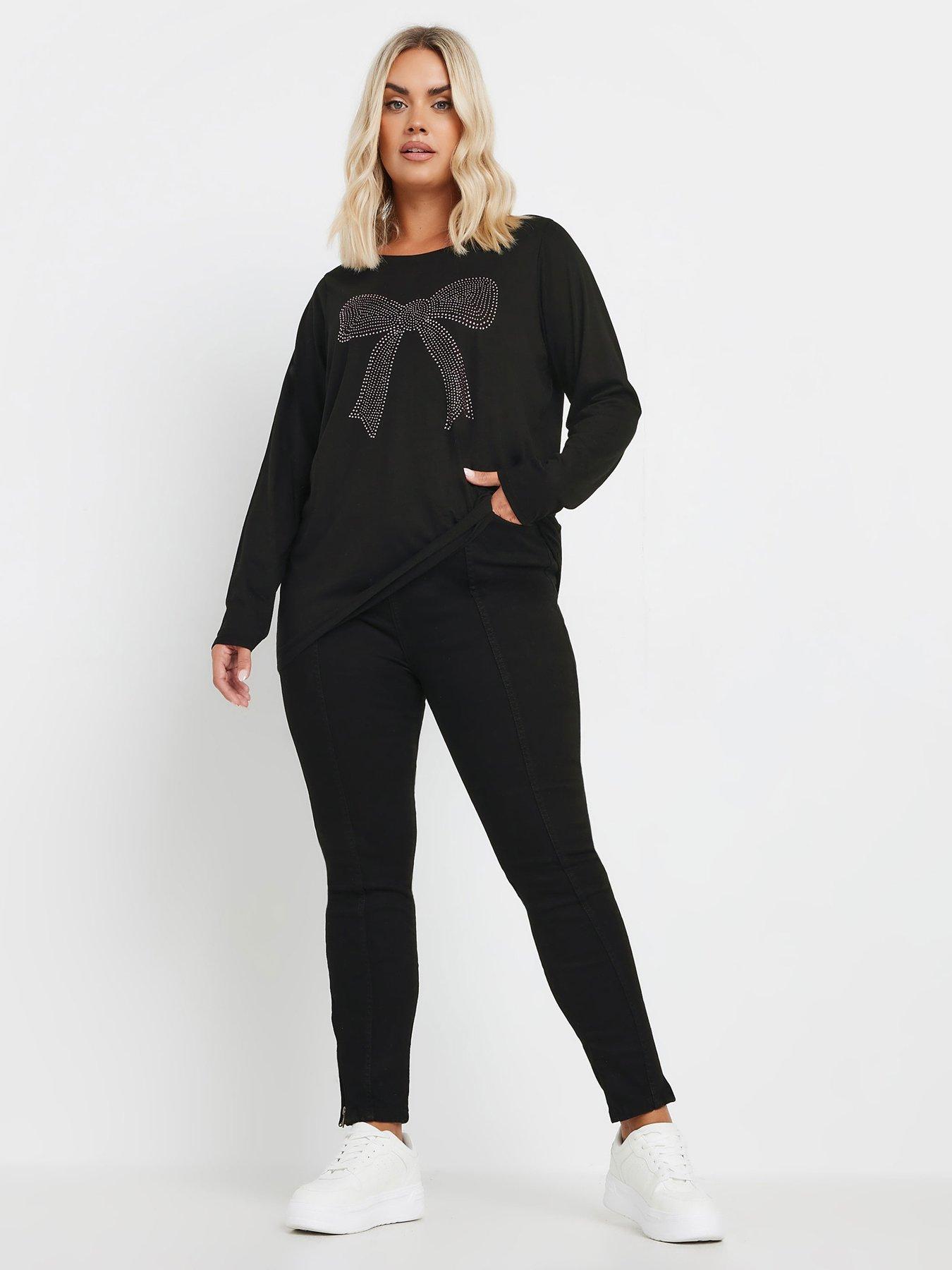  image of yours-curve-diamante-bow-long-sleeve-top-black