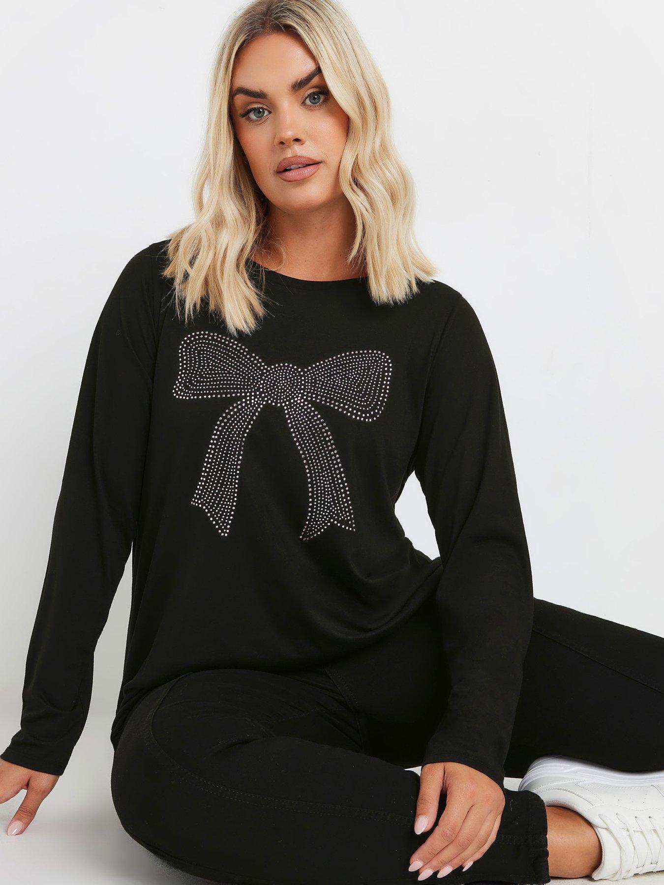  image of yours-curve-diamante-bow-long-sleeve-top-black