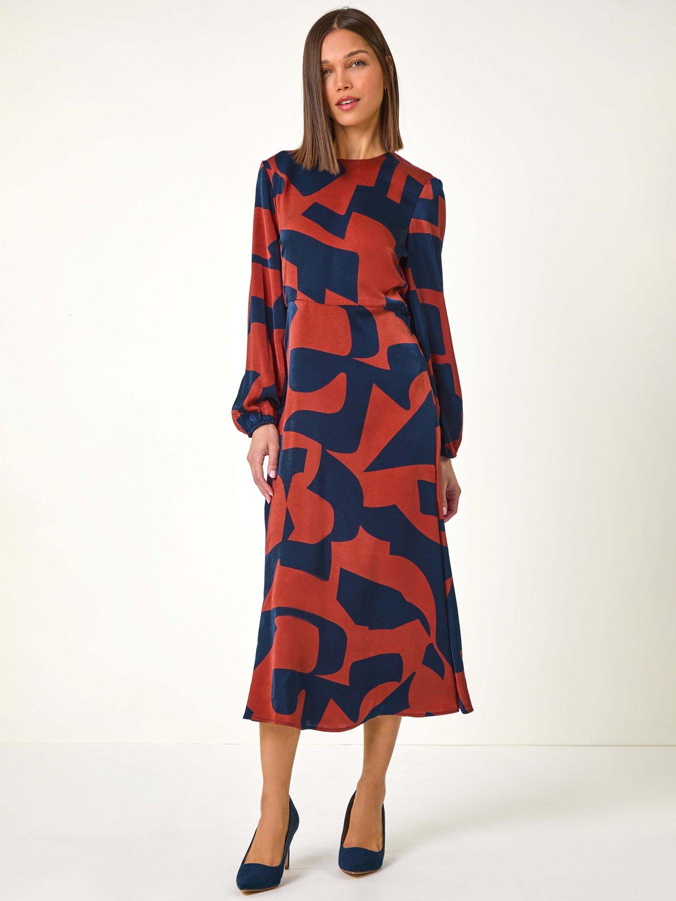 undefined Geometric Colour Block Print Midi Dress - Rust