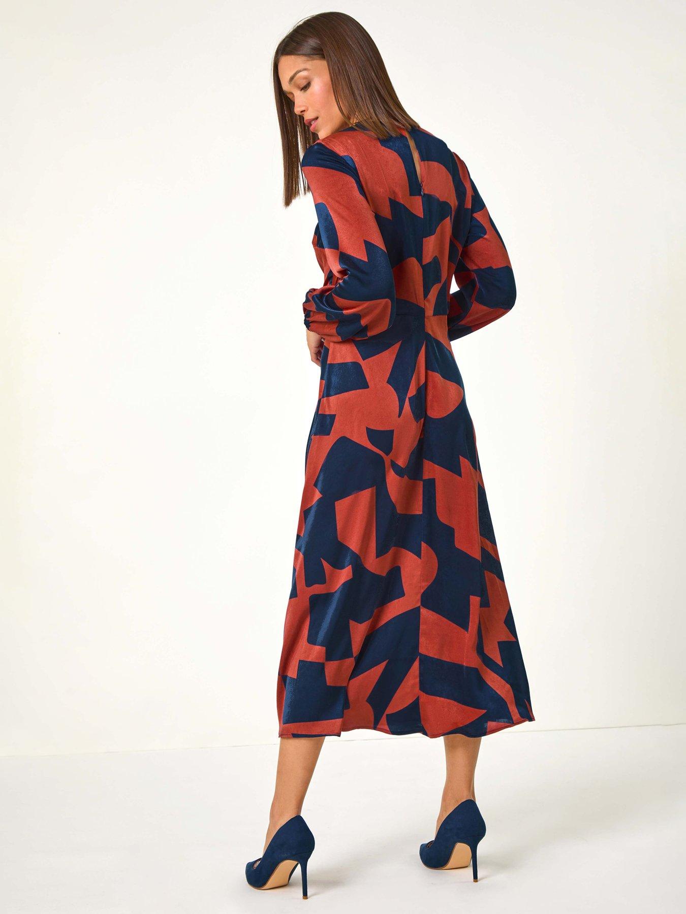 Image 2 of 5 of Roman Geometric Colour Block Print Midi Dress - Rust
