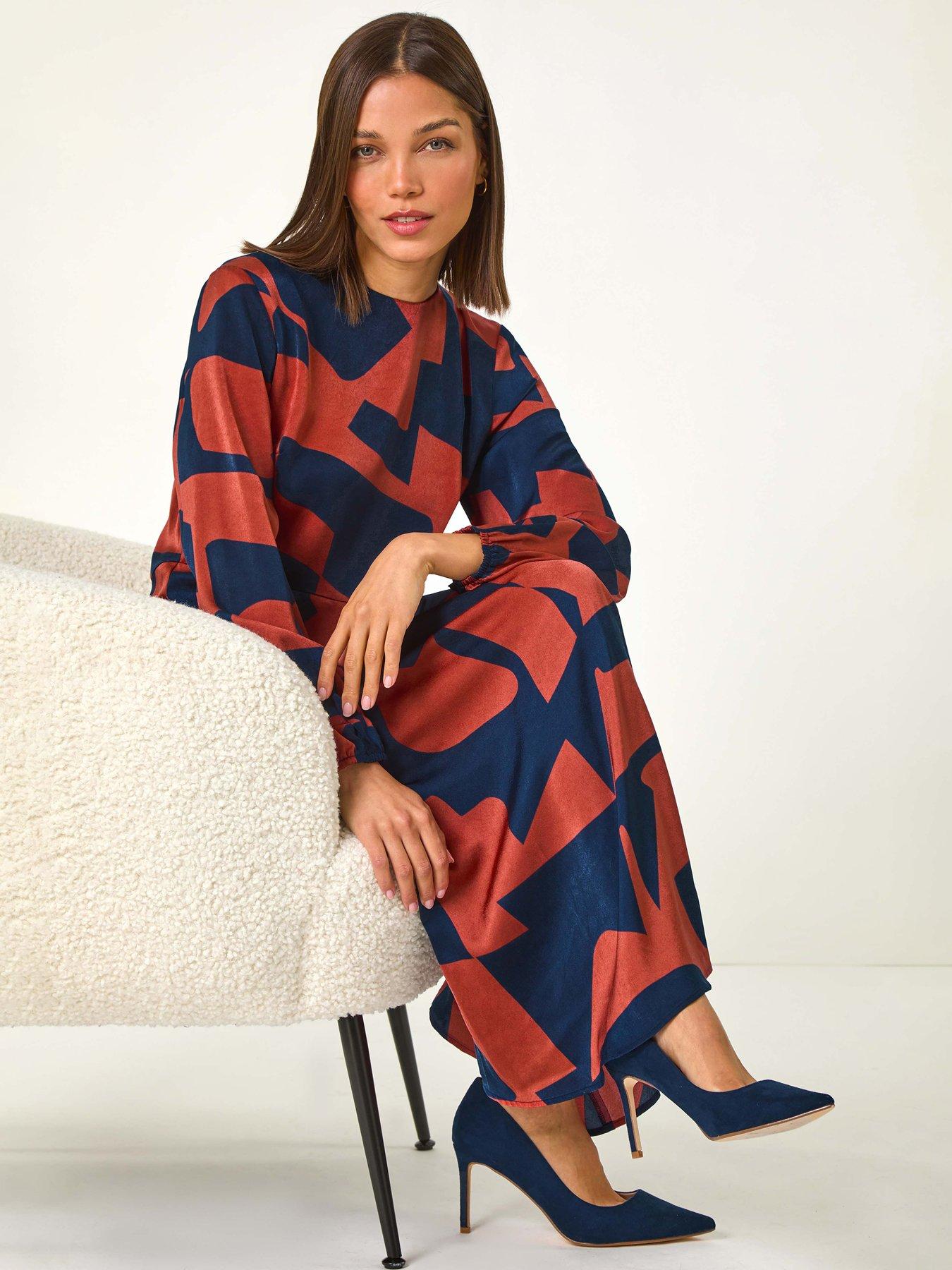 Image 3 of 5 of Roman Geometric Colour Block Print Midi Dress - Rust
