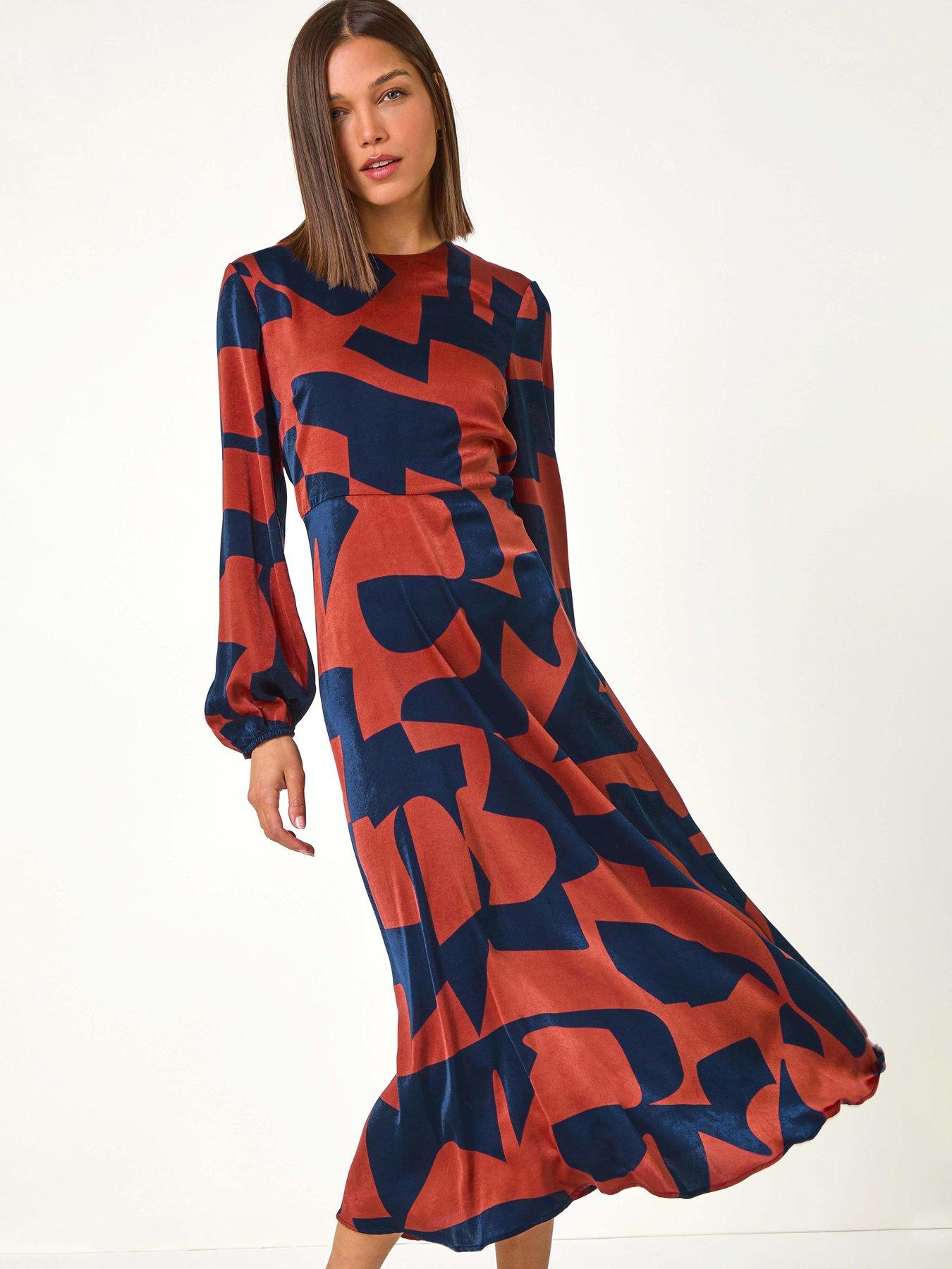 Image 4 of 5 of Roman Geometric Colour Block Print Midi Dress - Rust