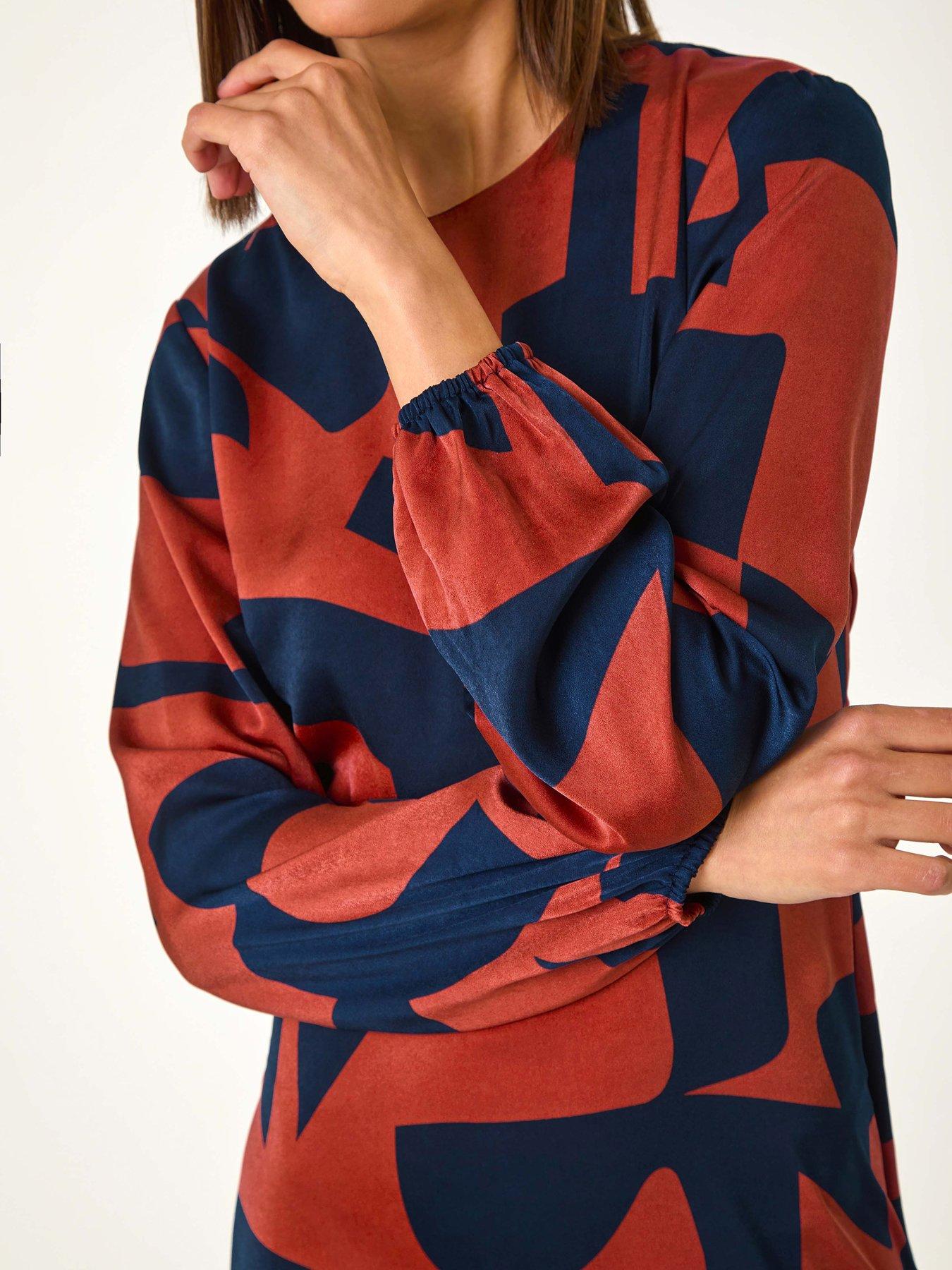 Image 5 of 5 of Roman Geometric Colour Block Print Midi Dress - Rust