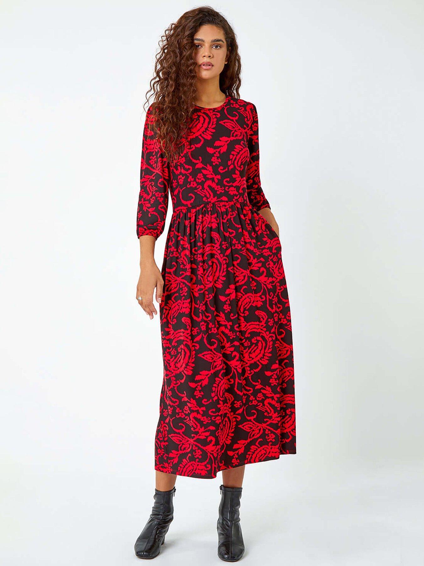 Roman Paisley Print Pocket Midi Stretch Dress - Red