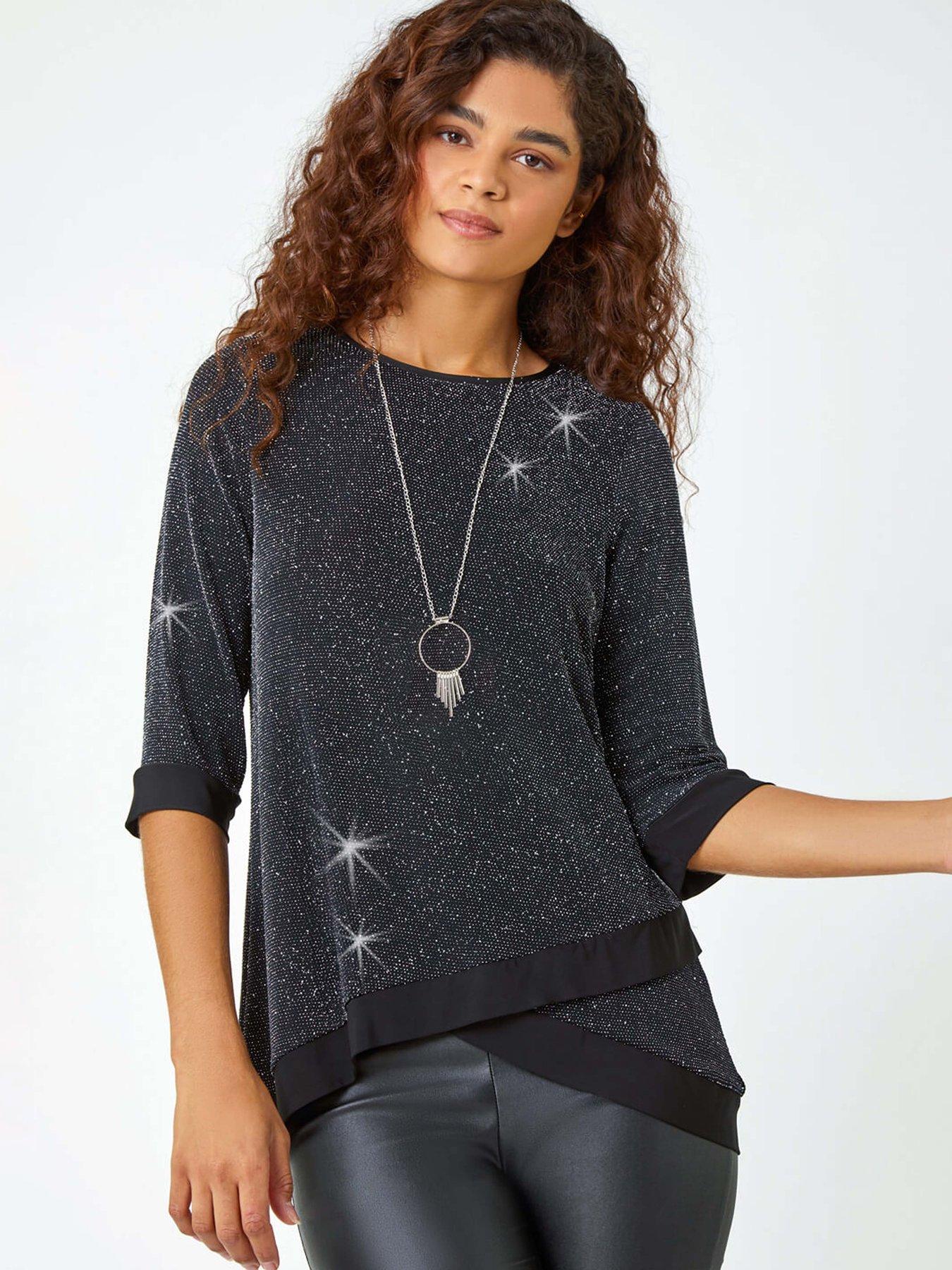 Roman Necklace Trim Shimmer Top - Black
