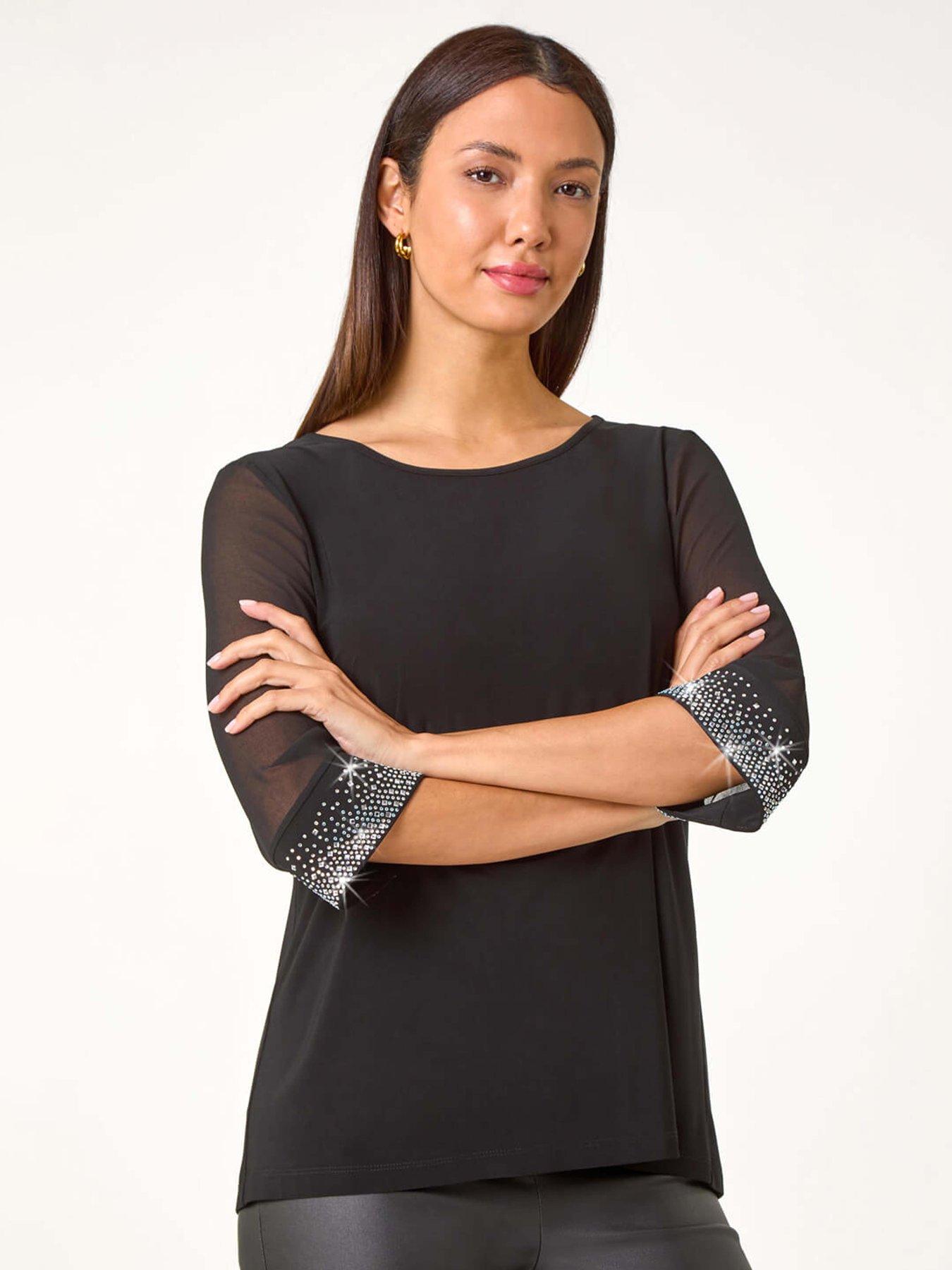 Image 1 of 5 of Roman Sparkle Embellished Cuff Chiffon Top - Black