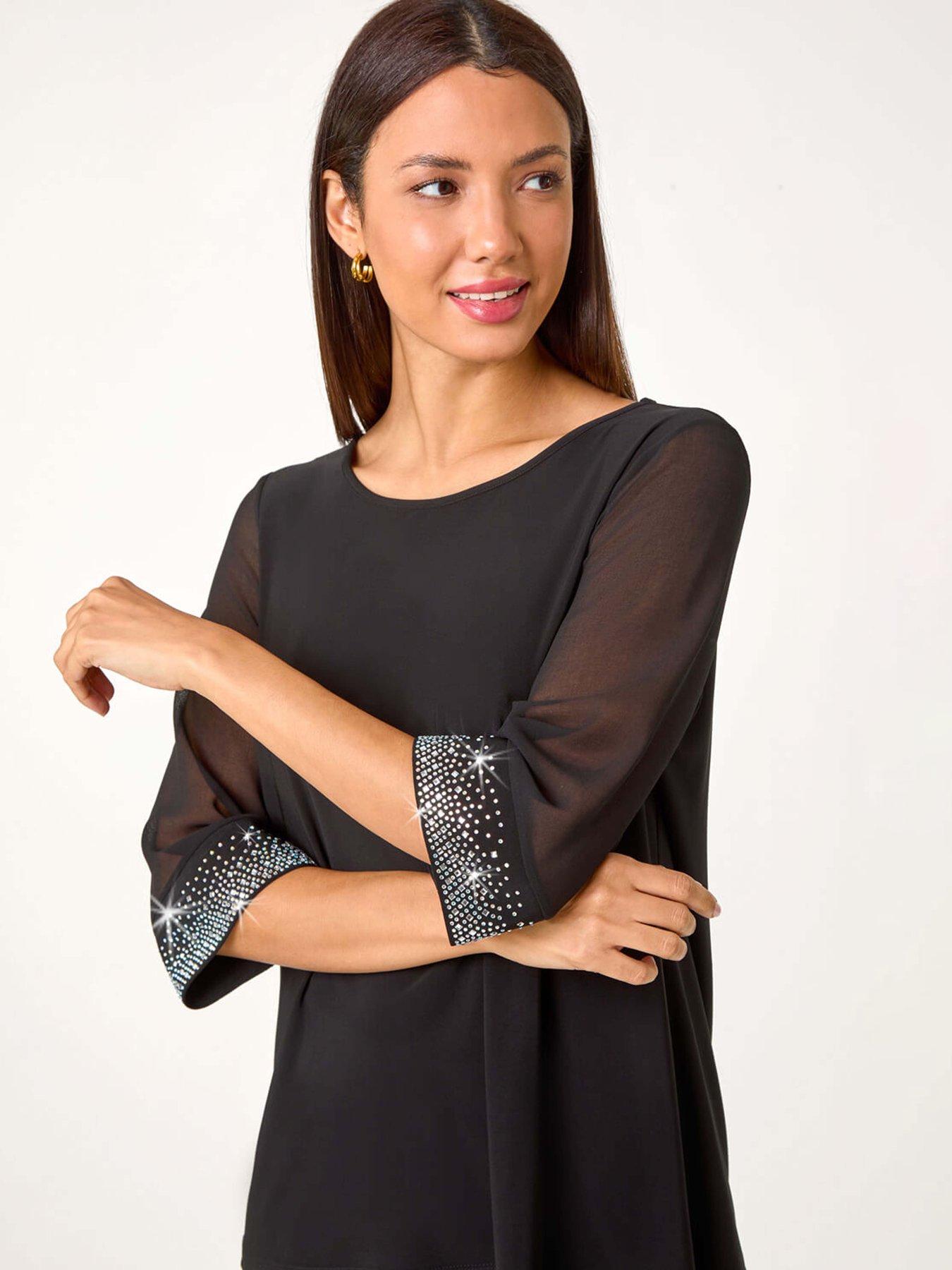 Image 4 of 5 of Roman Sparkle Embellished Cuff Chiffon Top - Black
